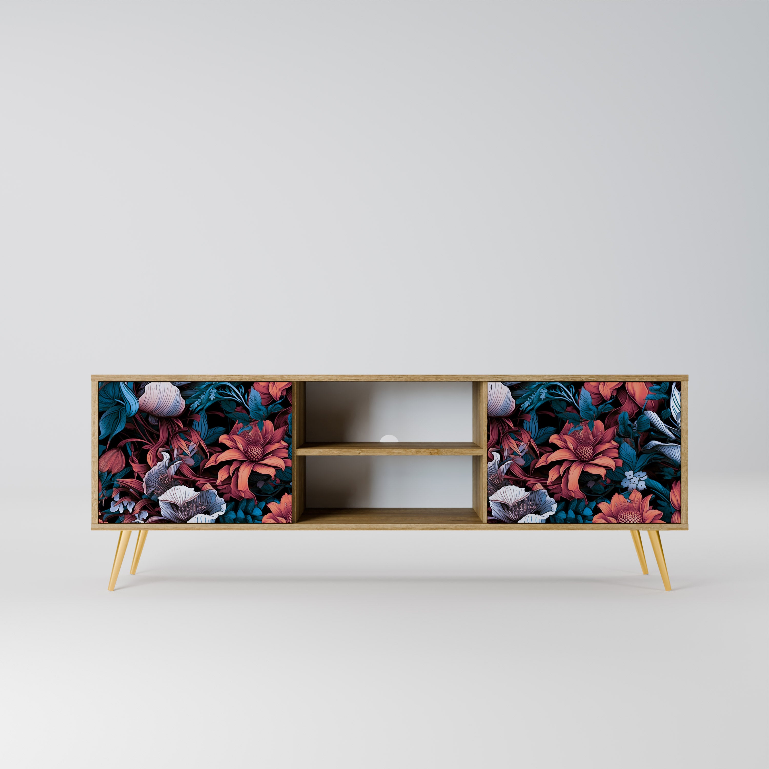 Mueble de TV de 2 puertas ETHEREAL BLOSSOMS con efecto roble