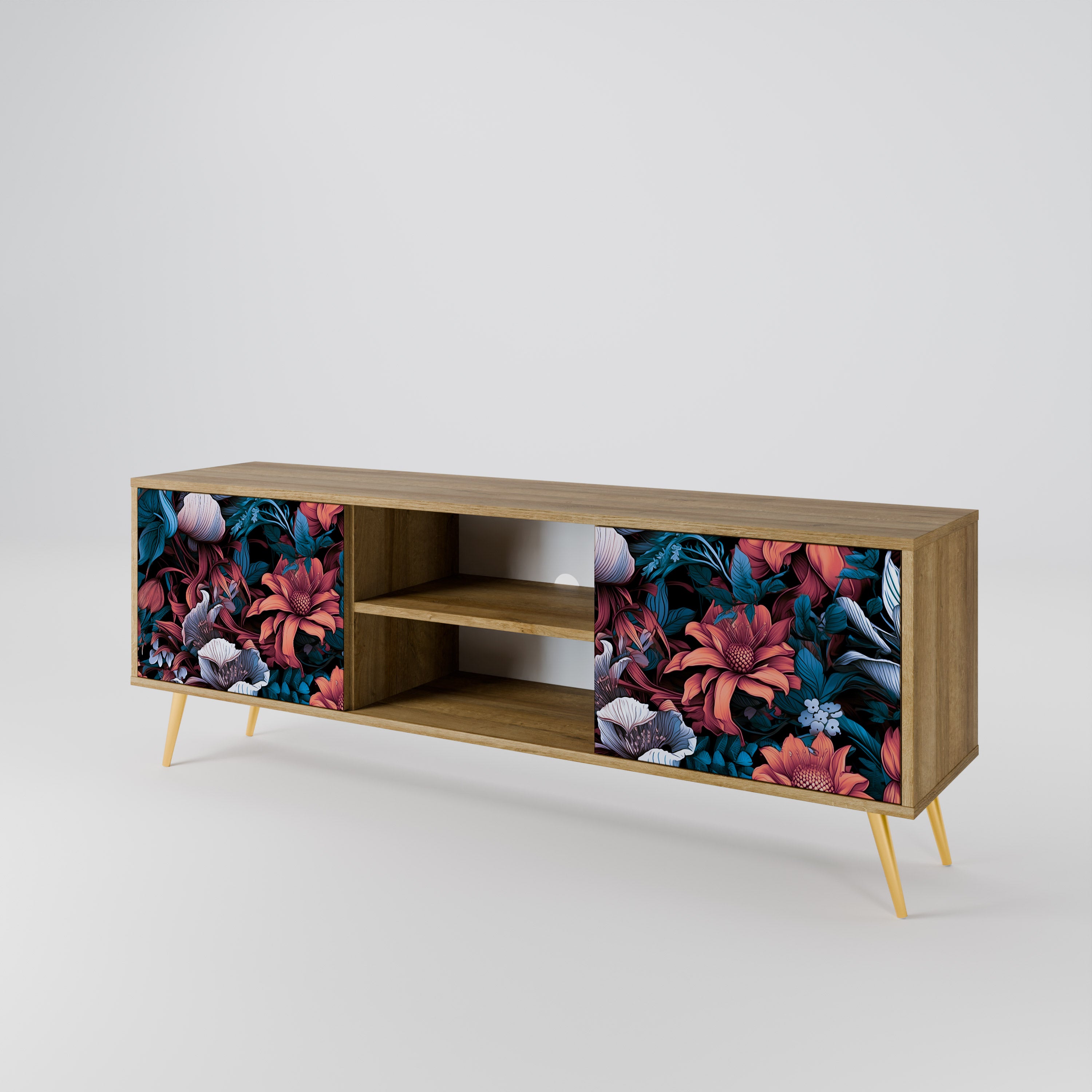 Mueble de TV de 2 puertas ETHEREAL BLOSSOMS con efecto roble