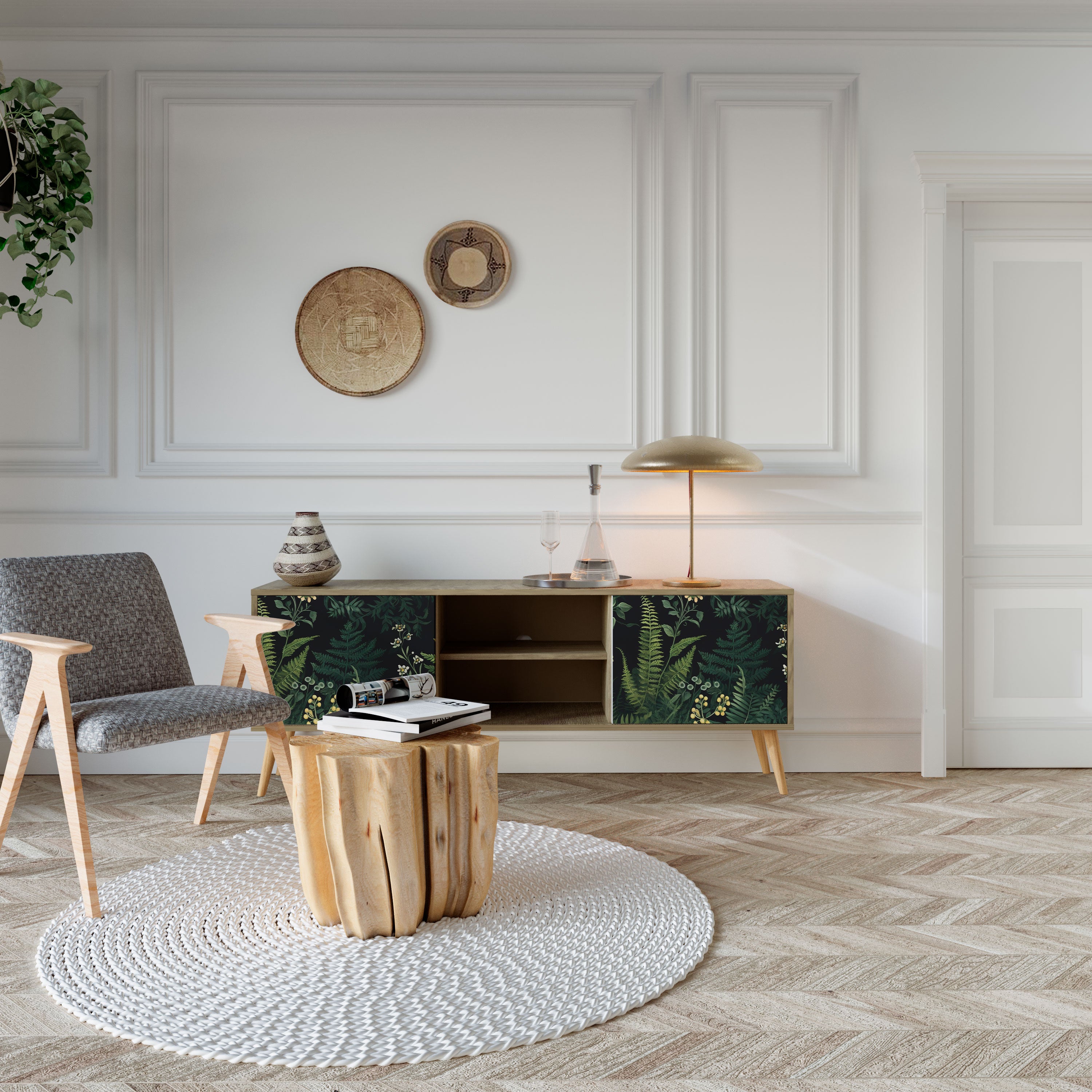 Mueble de TV de 2 puertas FERN FLOWERS con efecto roble