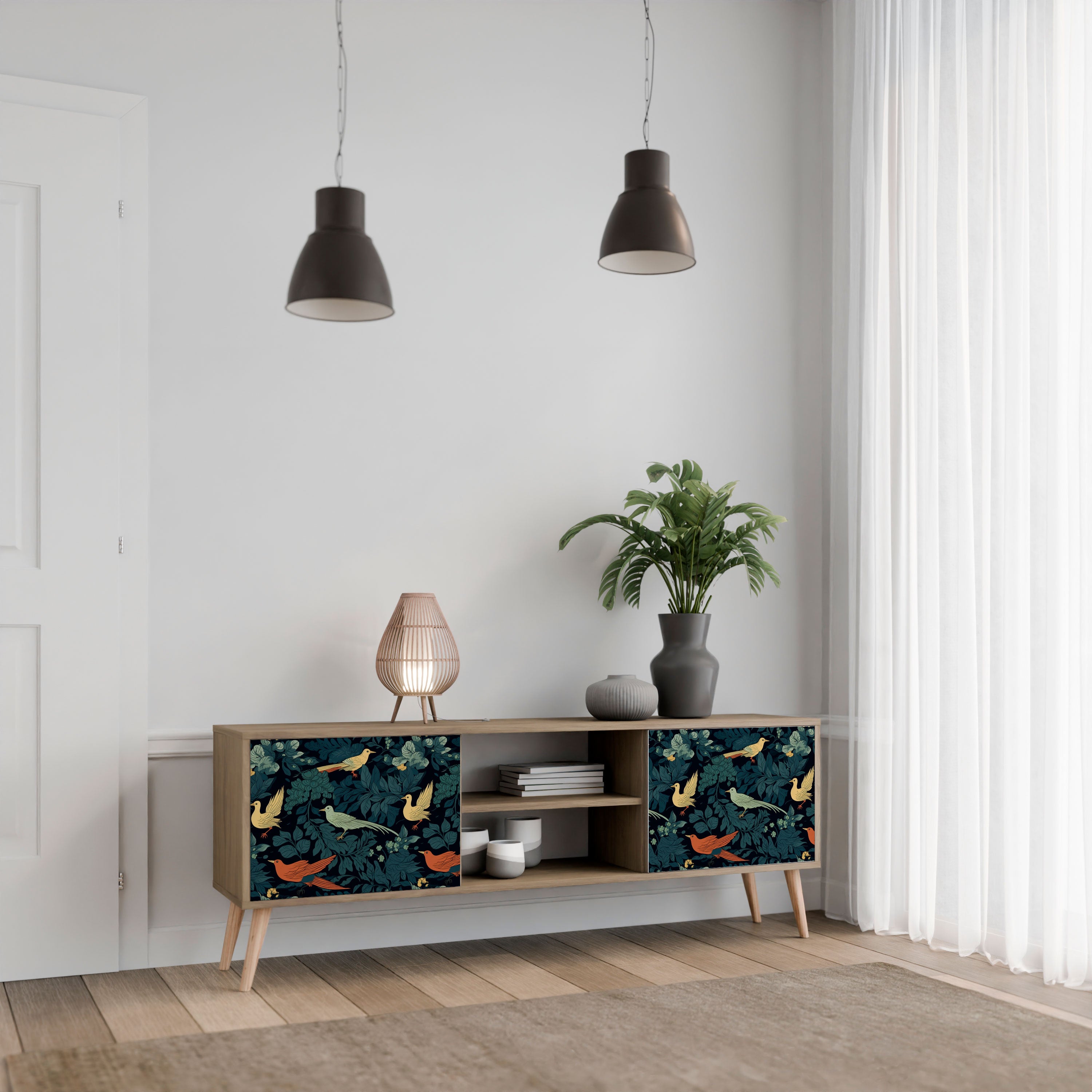 Mueble de TV de 2 puertas FOWL ORNAMENT con efecto roble