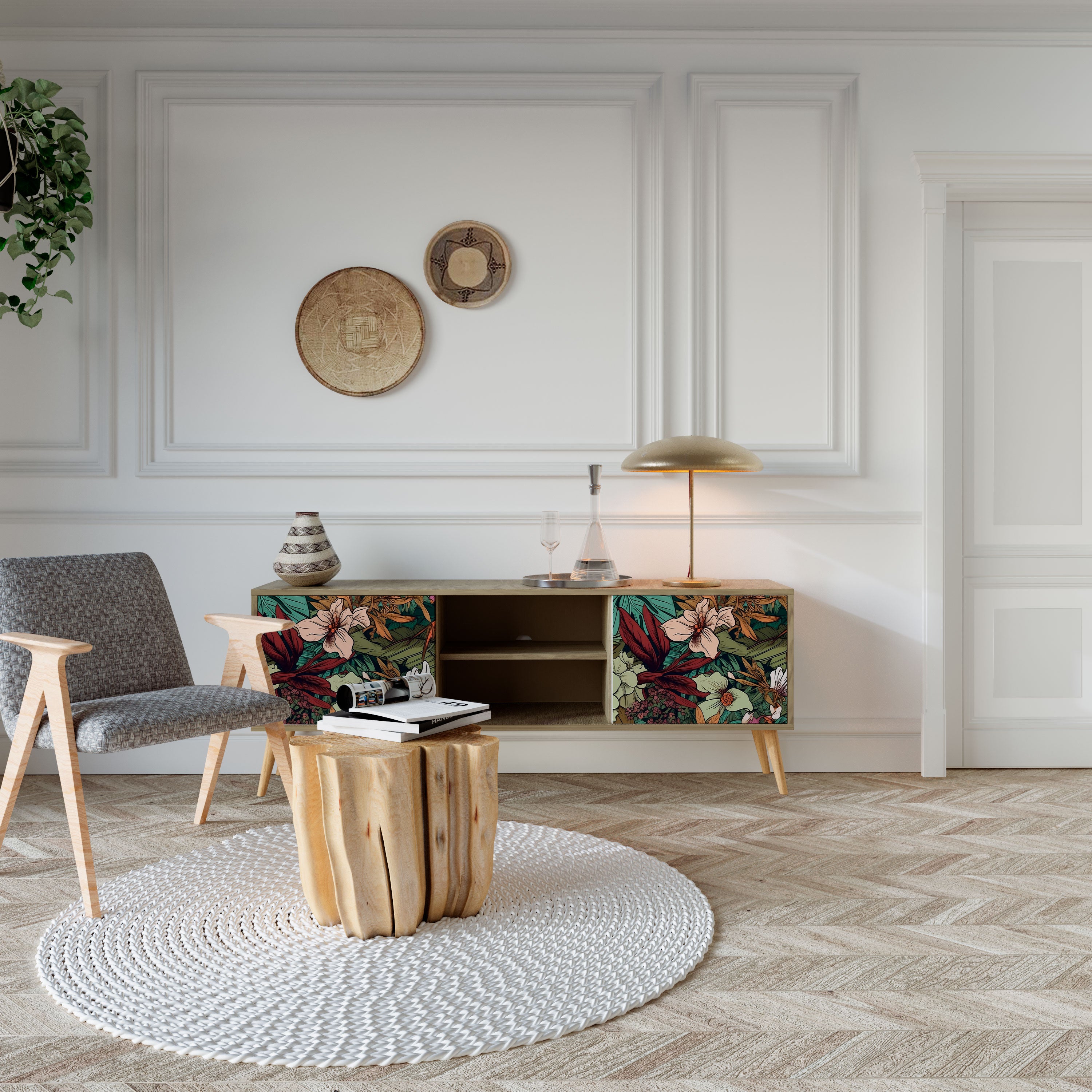Mueble de TV de 2 puertas BOTANICAL EMERGENCE en efecto roble