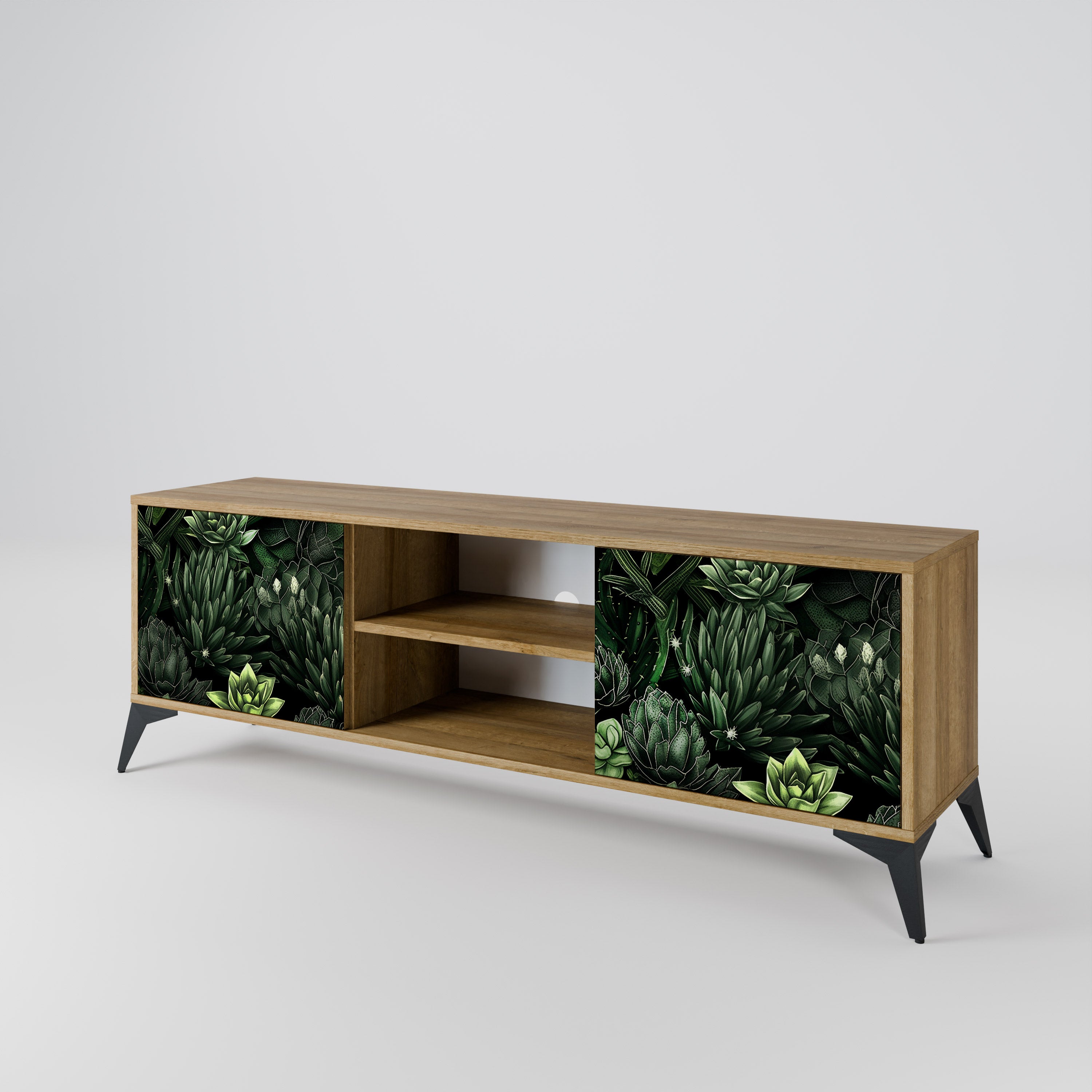 Mueble de TV de 2 puertas SUCCULENT JUNGLE con efecto roble