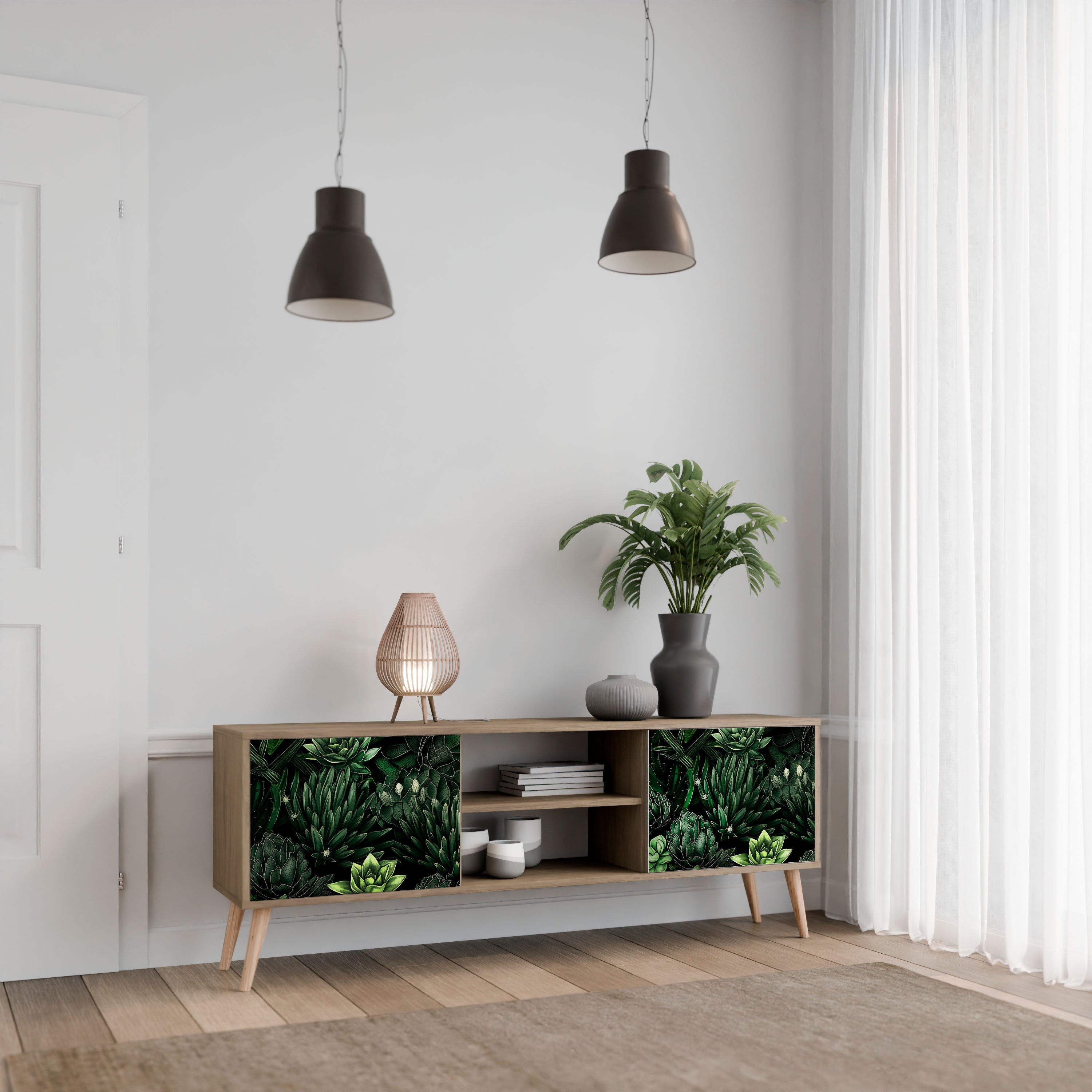 Mueble de TV de 2 puertas SUCCULENT JUNGLE con efecto roble