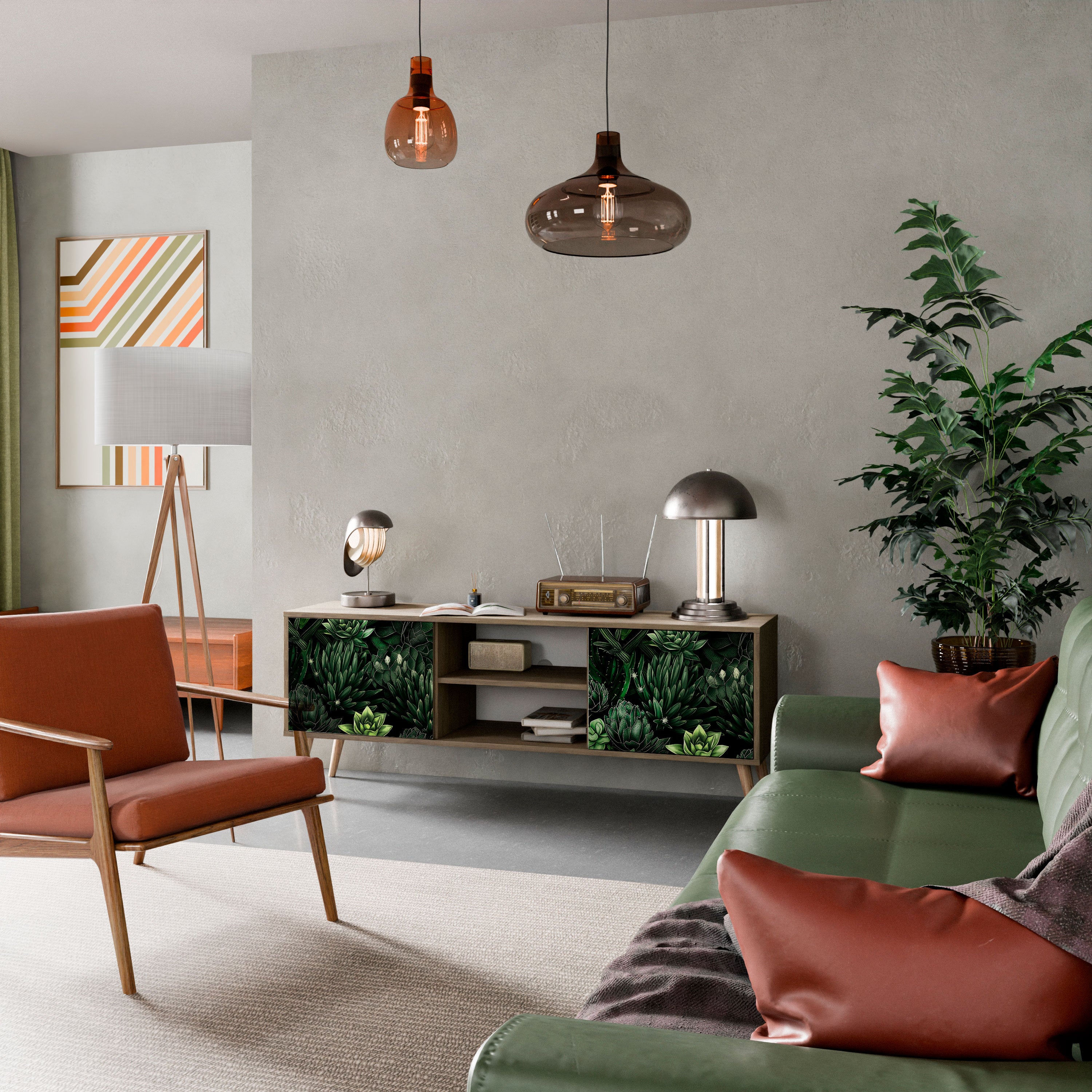 Mueble de TV de 2 puertas SUCCULENT JUNGLE con efecto roble