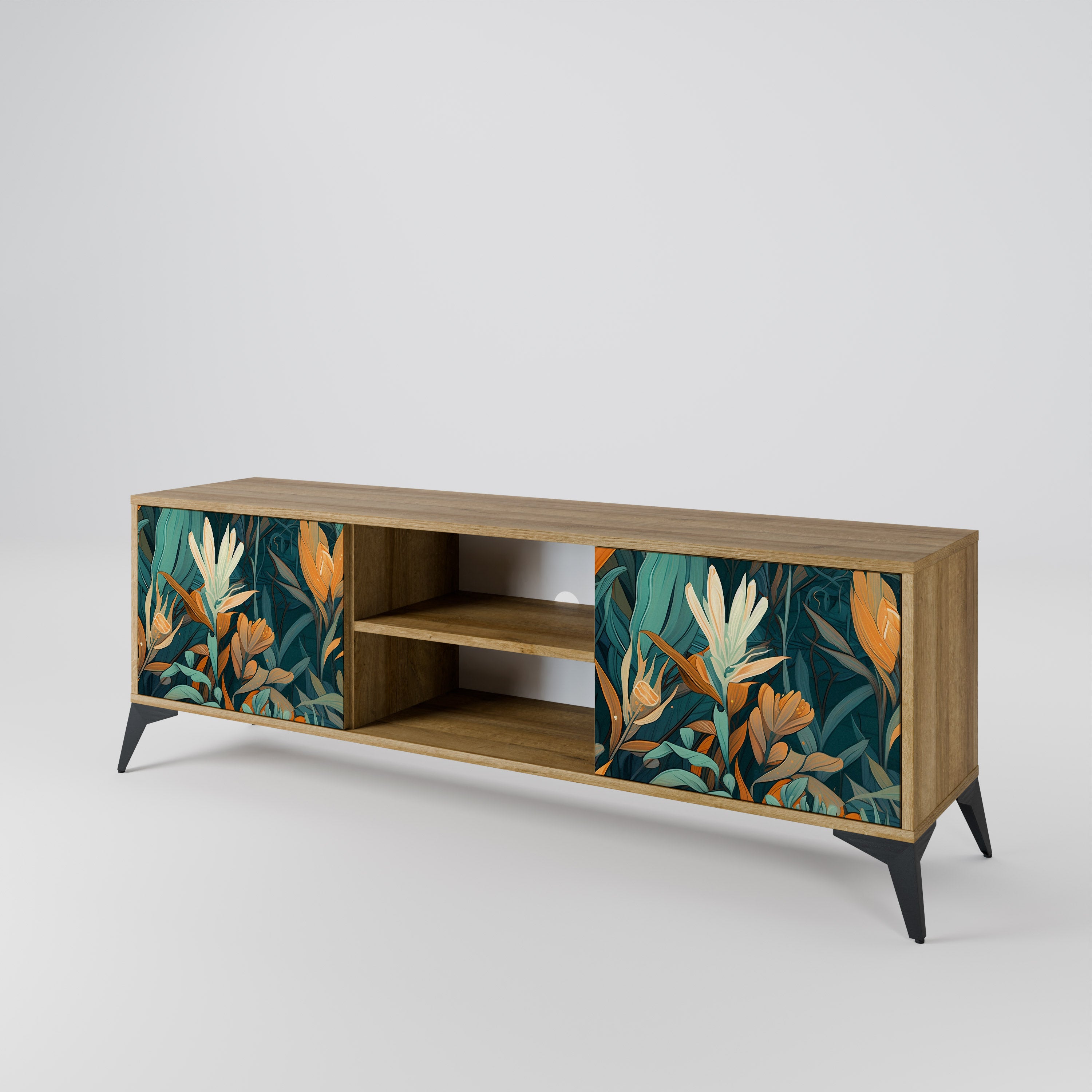 Mueble de TV de 2 puertas FLORAL SERENITY con efecto roble
