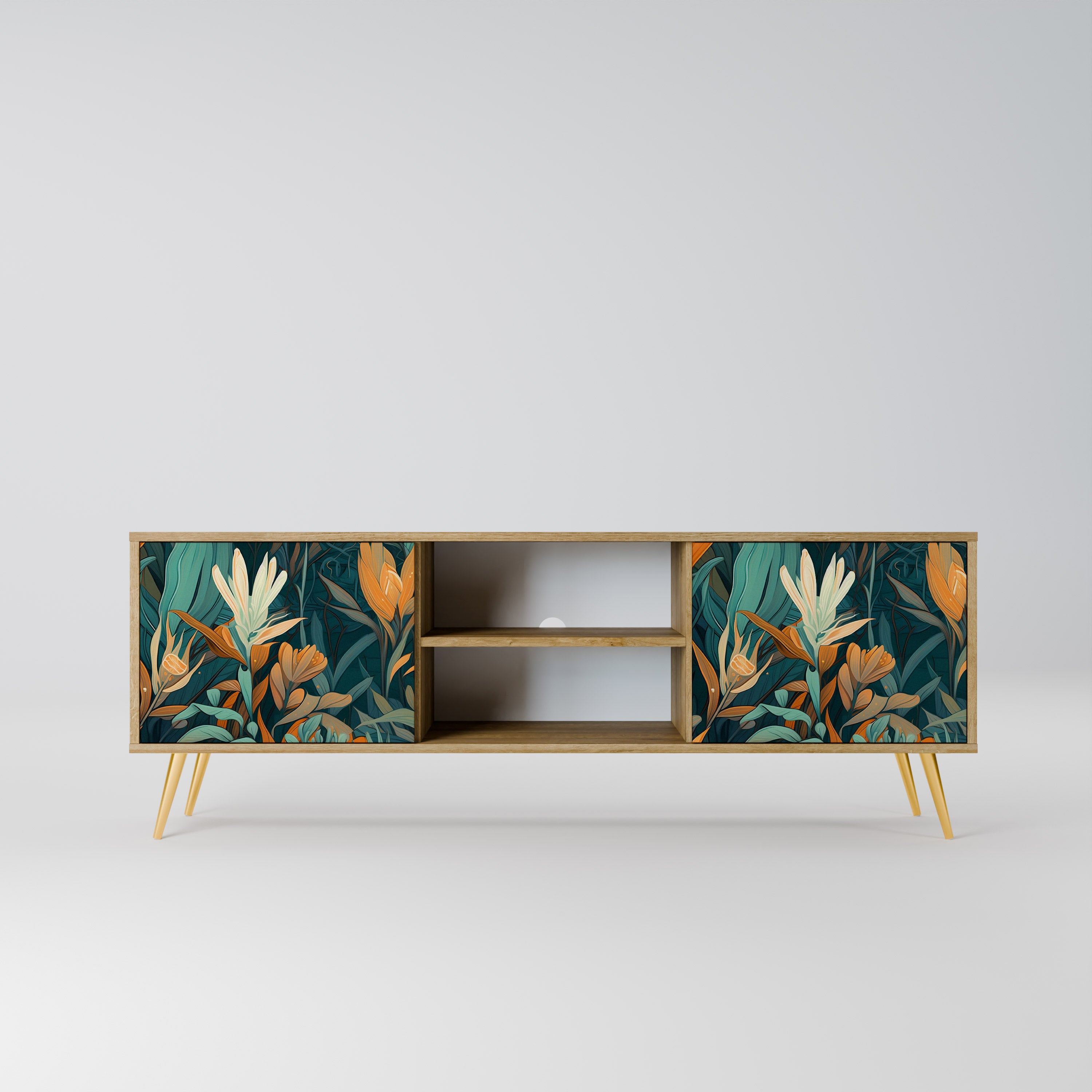 Mueble de TV de 2 puertas FLORAL SERENITY con efecto roble