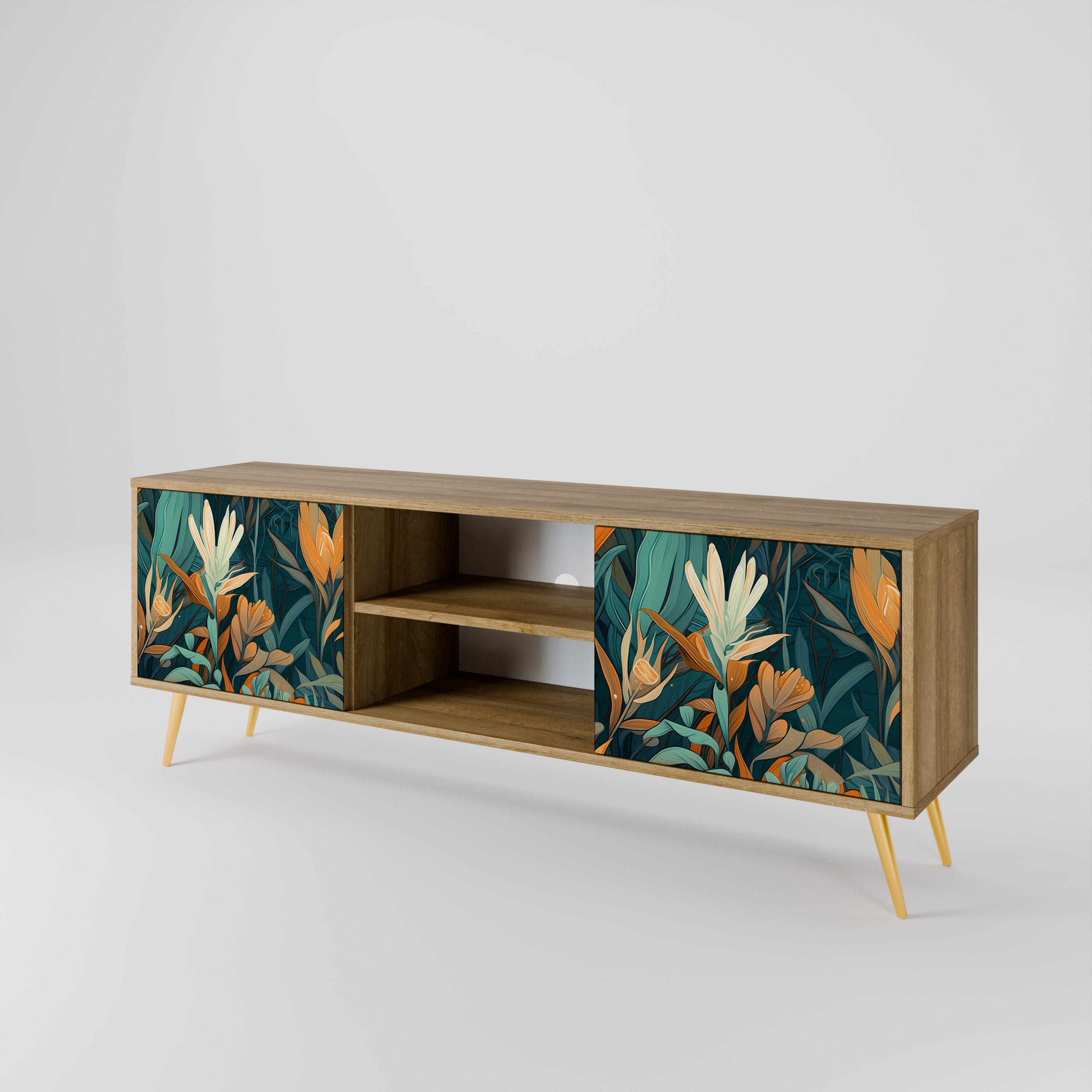 Mueble de TV de 2 puertas FLORAL SERENITY con efecto roble