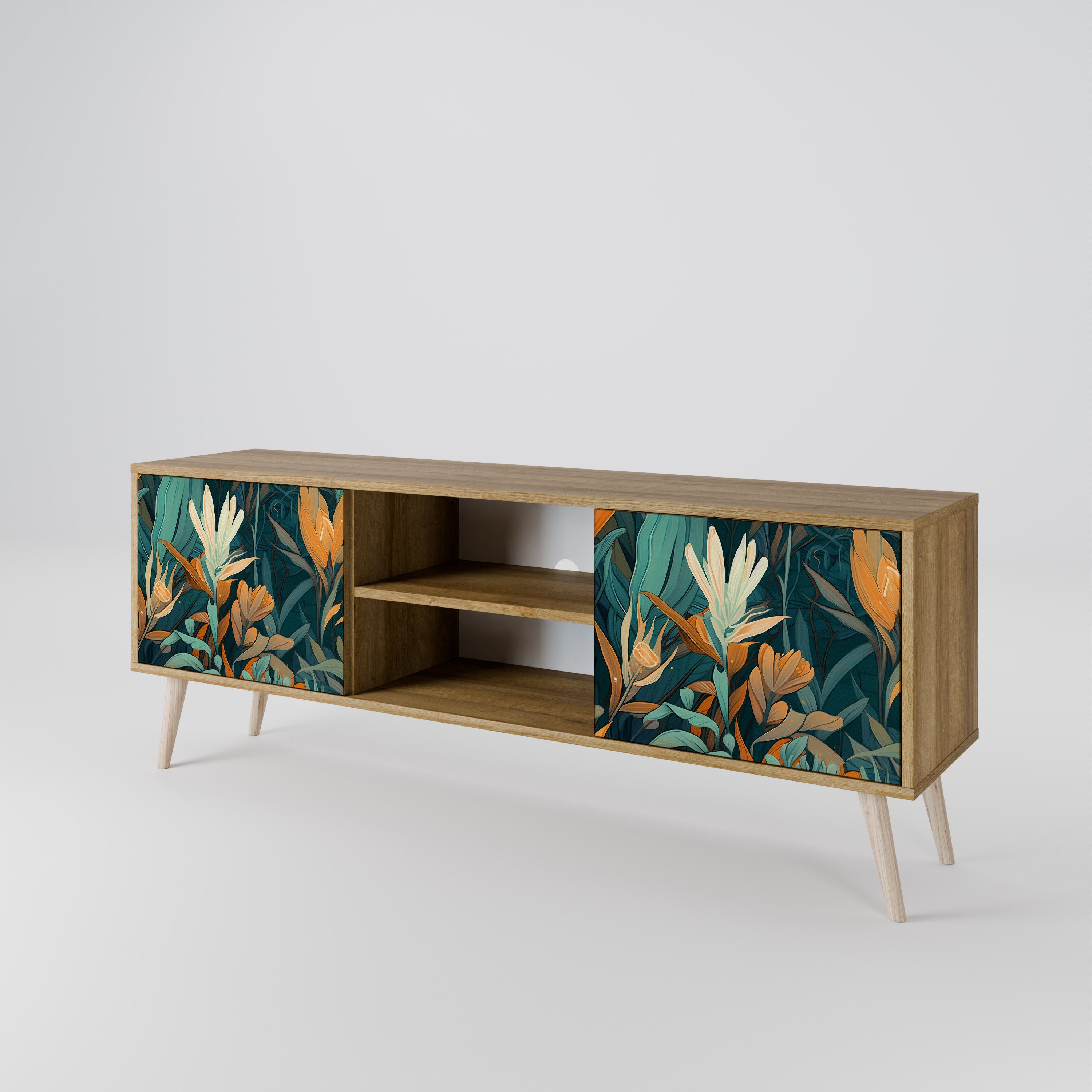 Mueble de TV de 2 puertas FLORAL SERENITY con efecto roble