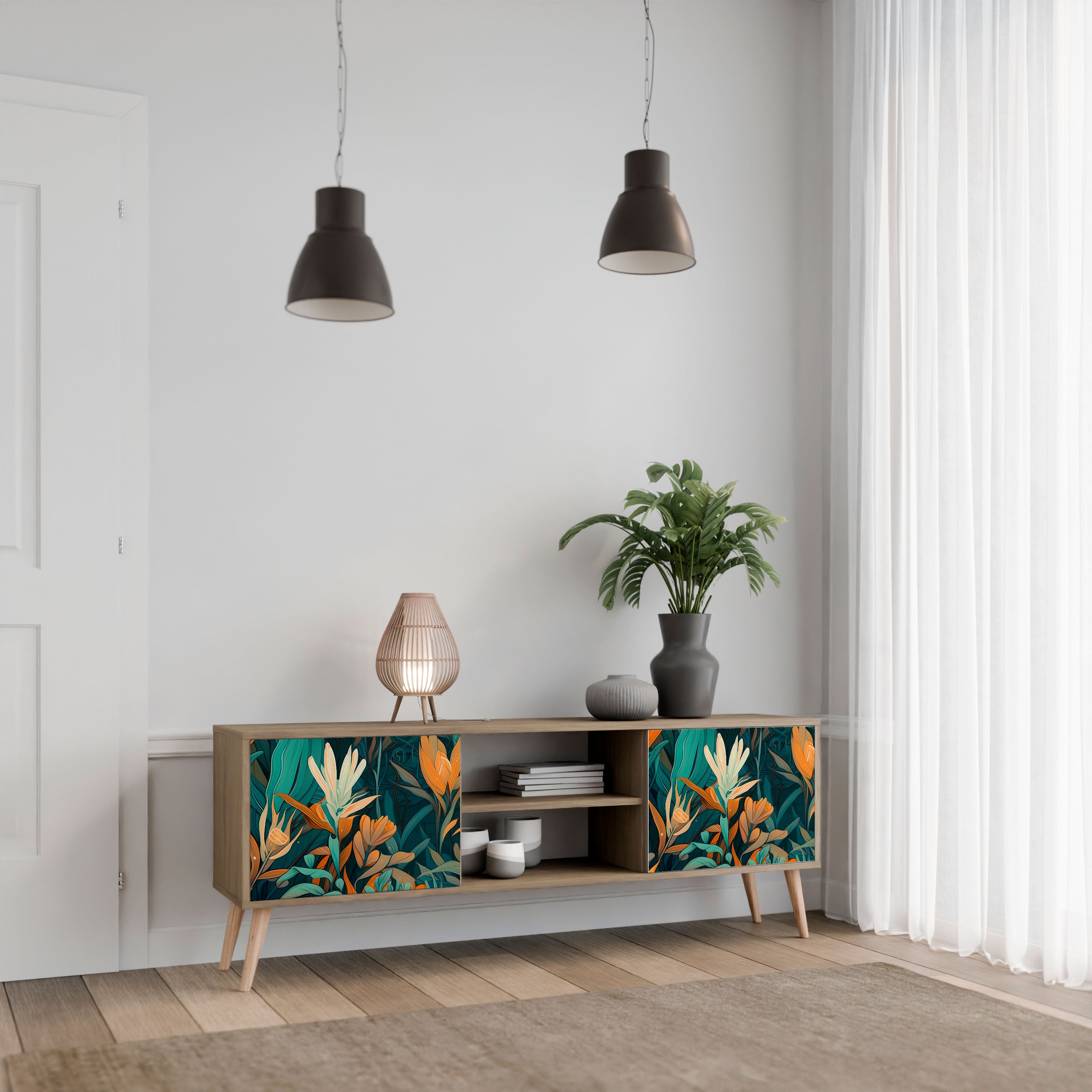 Mueble de TV de 2 puertas FLORAL SERENITY con efecto roble