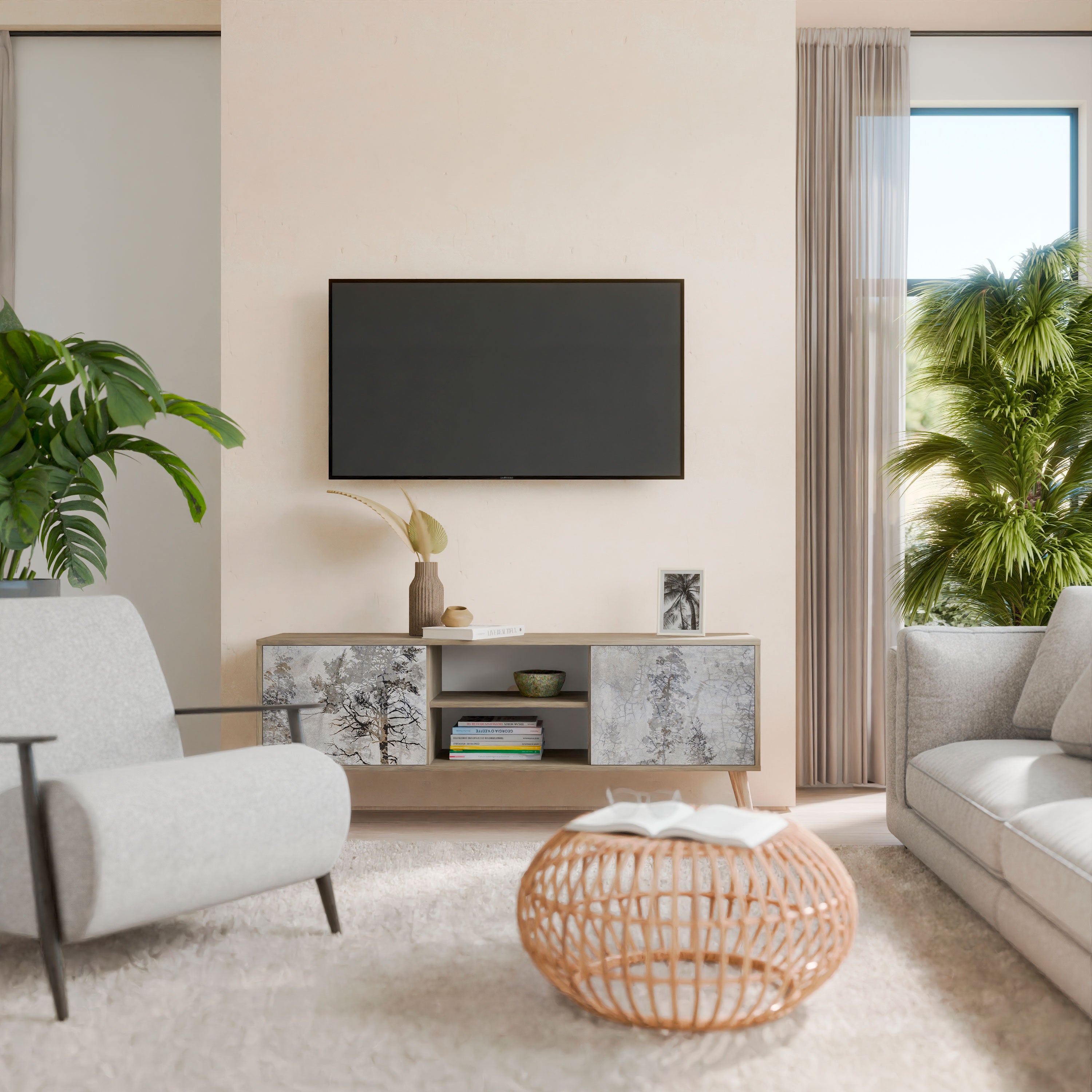 Mueble de TV de 2 puertas FADE IN THE TREES con efecto roble