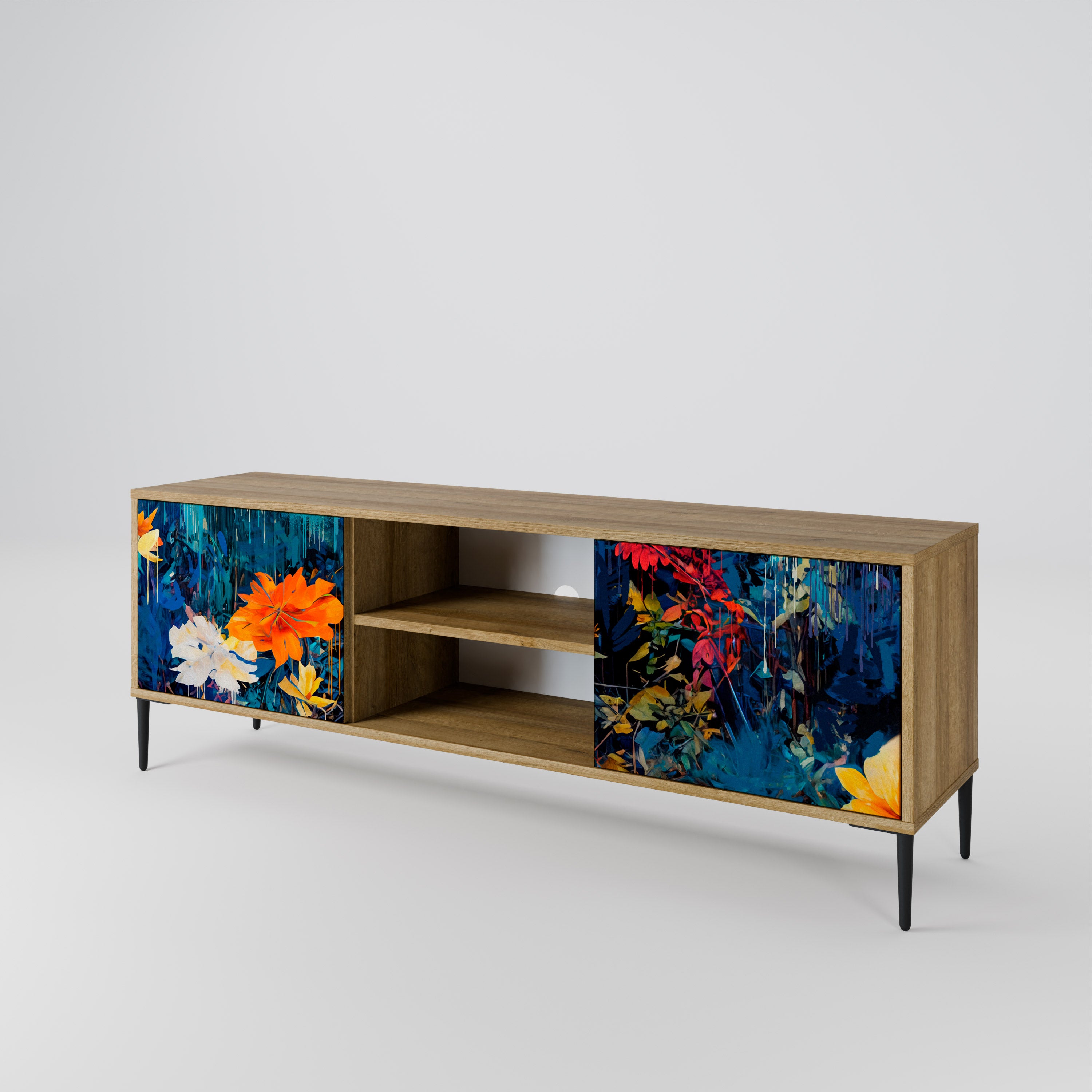 Mueble de TV de 2 puertas MIDNIGHT BLOSSOM con efecto roble