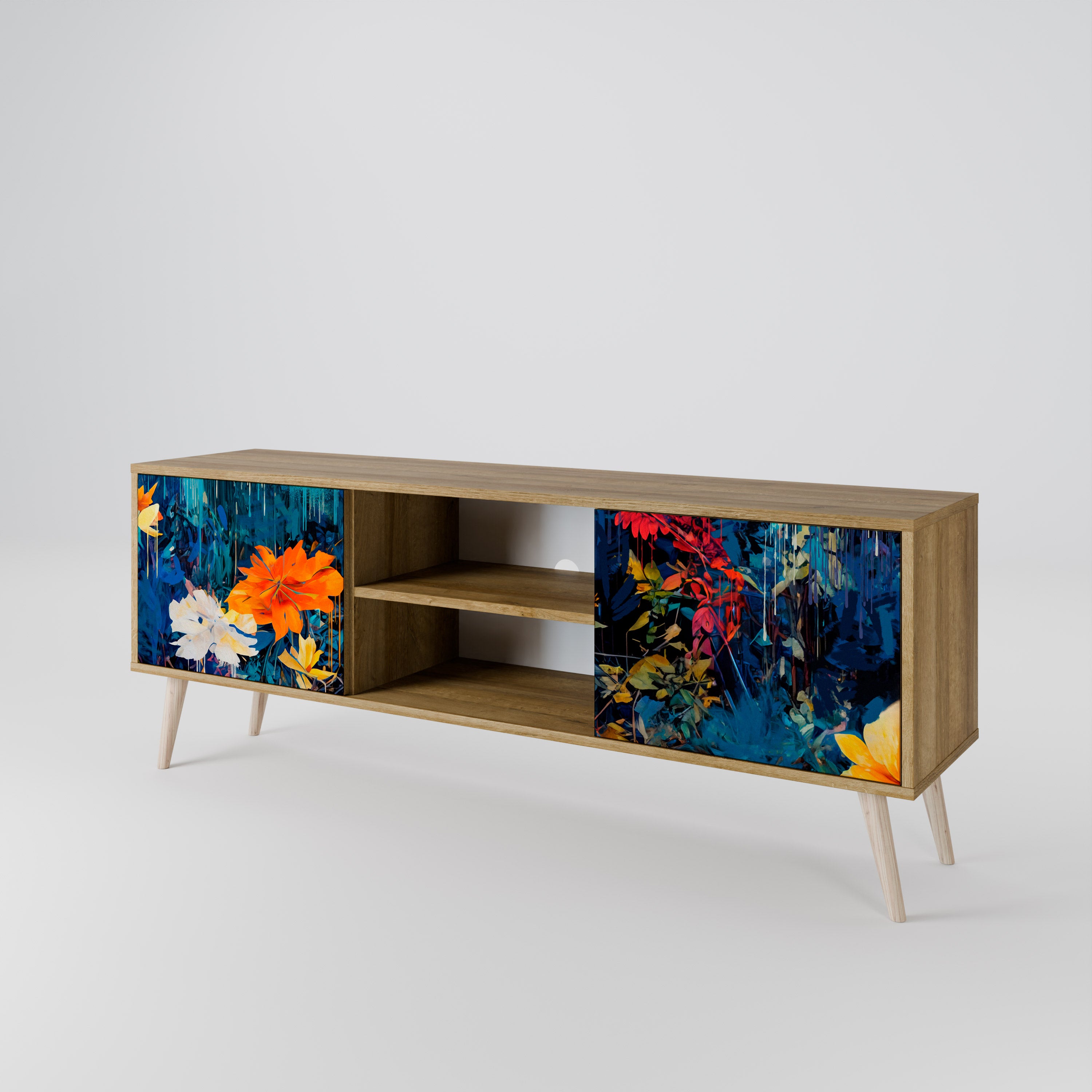Mueble de TV de 2 puertas MIDNIGHT BLOSSOM con efecto roble