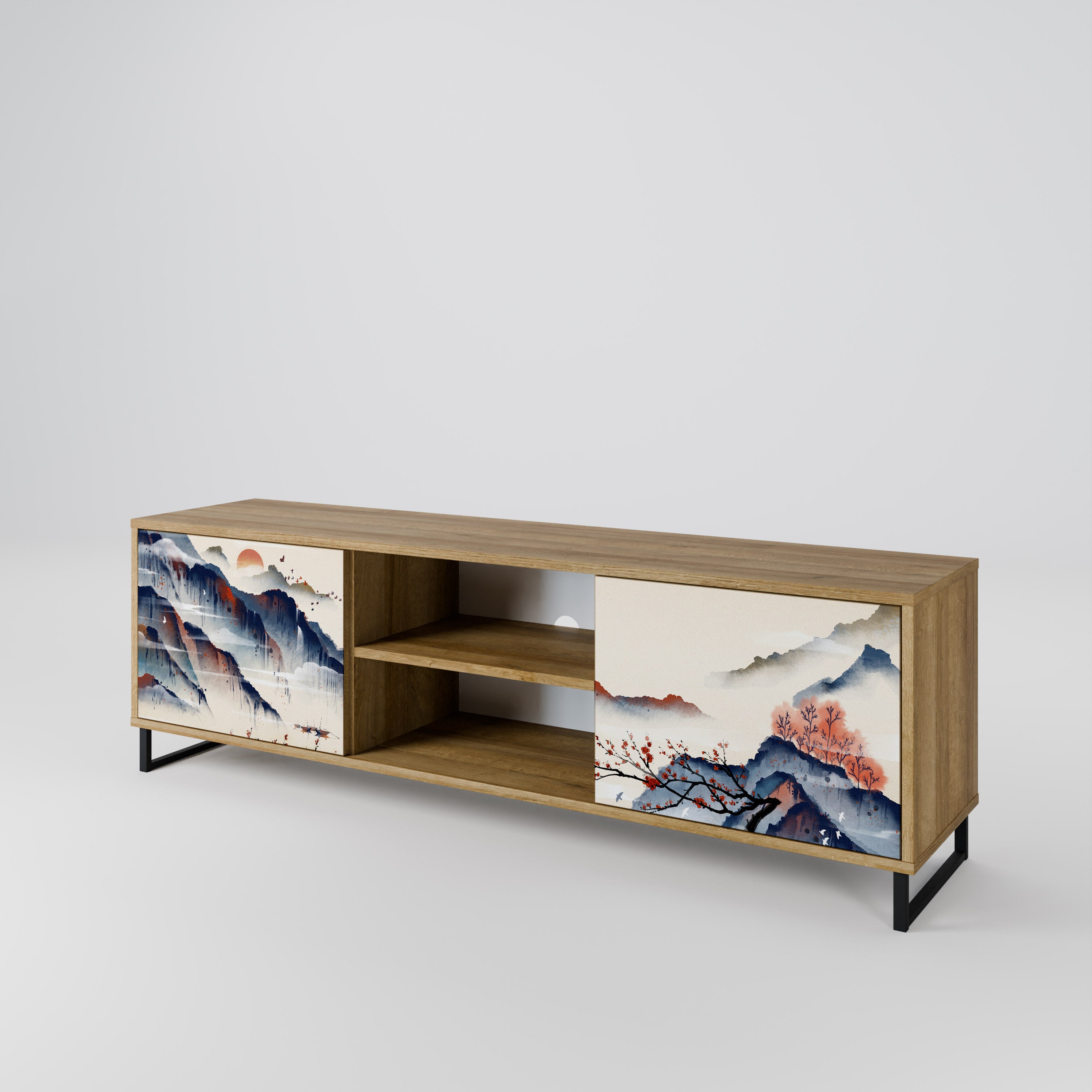 Mueble de TV de 2 puertas con diseño de paisaje japonés en efecto roble