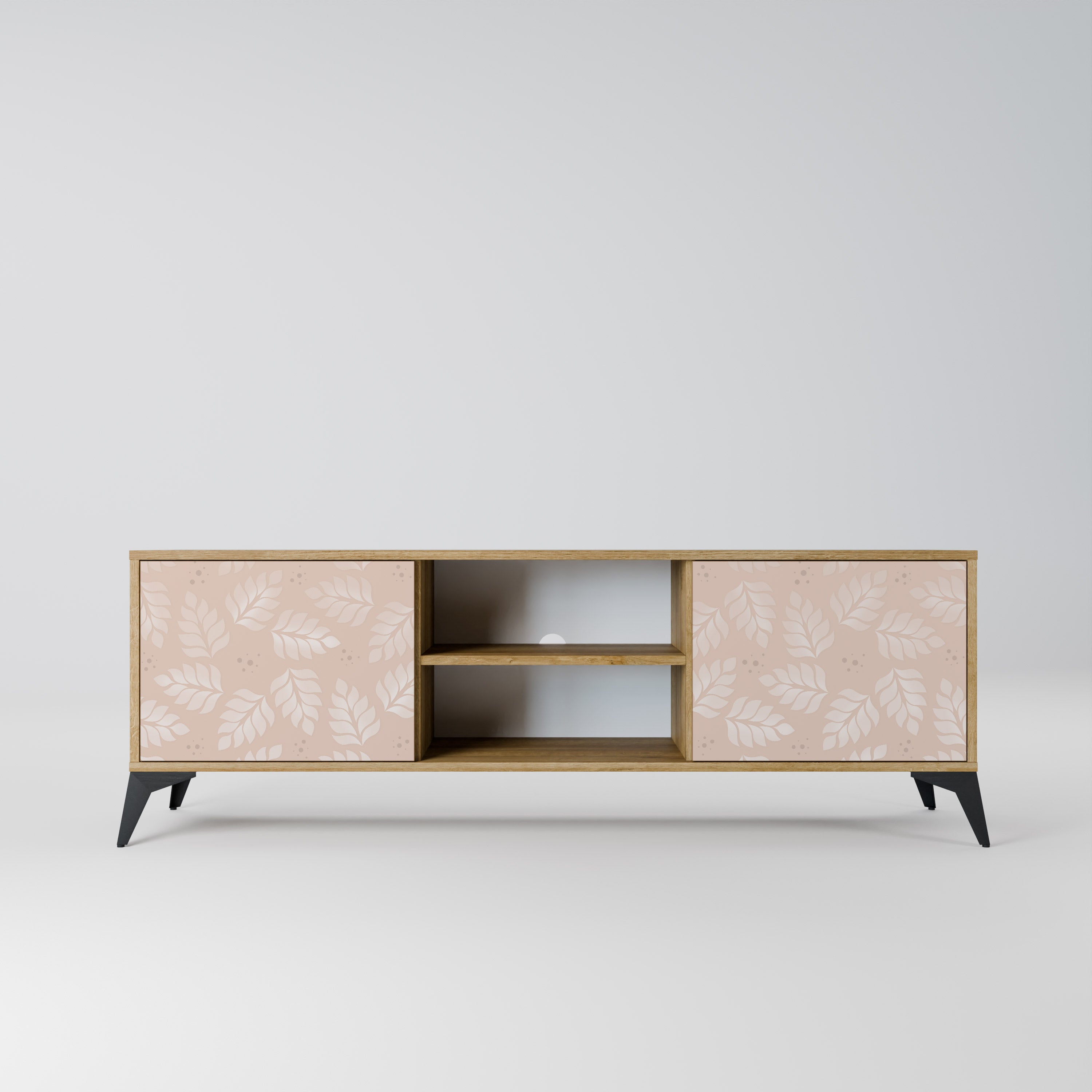 Mueble de TV de 2 puertas LEAVES ON BEIGE con efecto roble