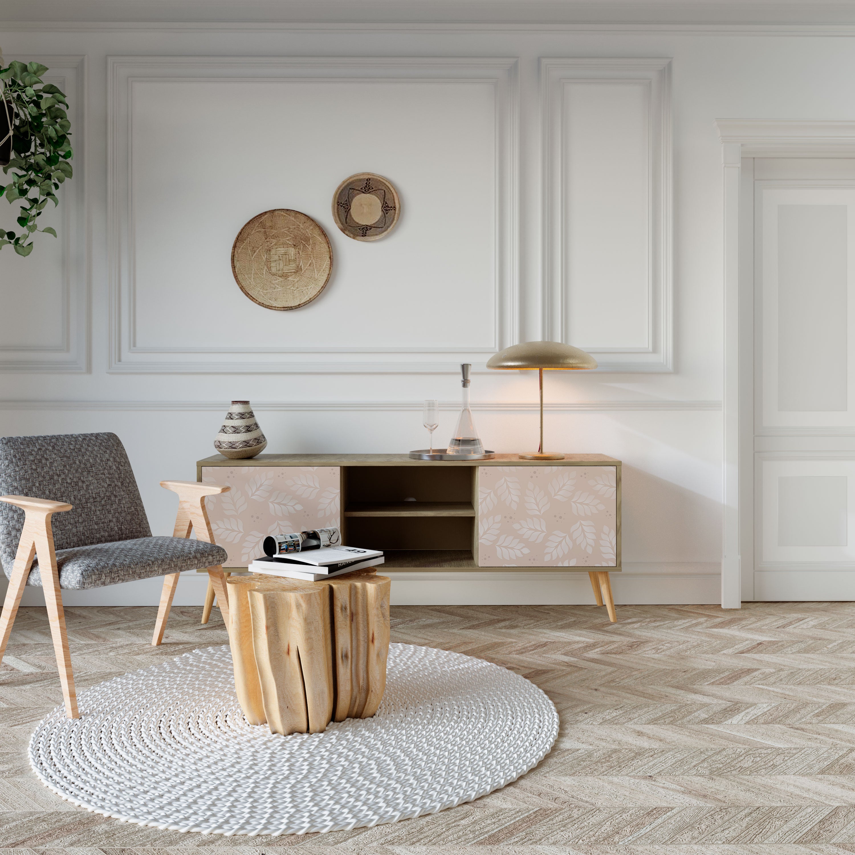 Mueble de TV de 2 puertas LEAVES ON BEIGE con efecto roble