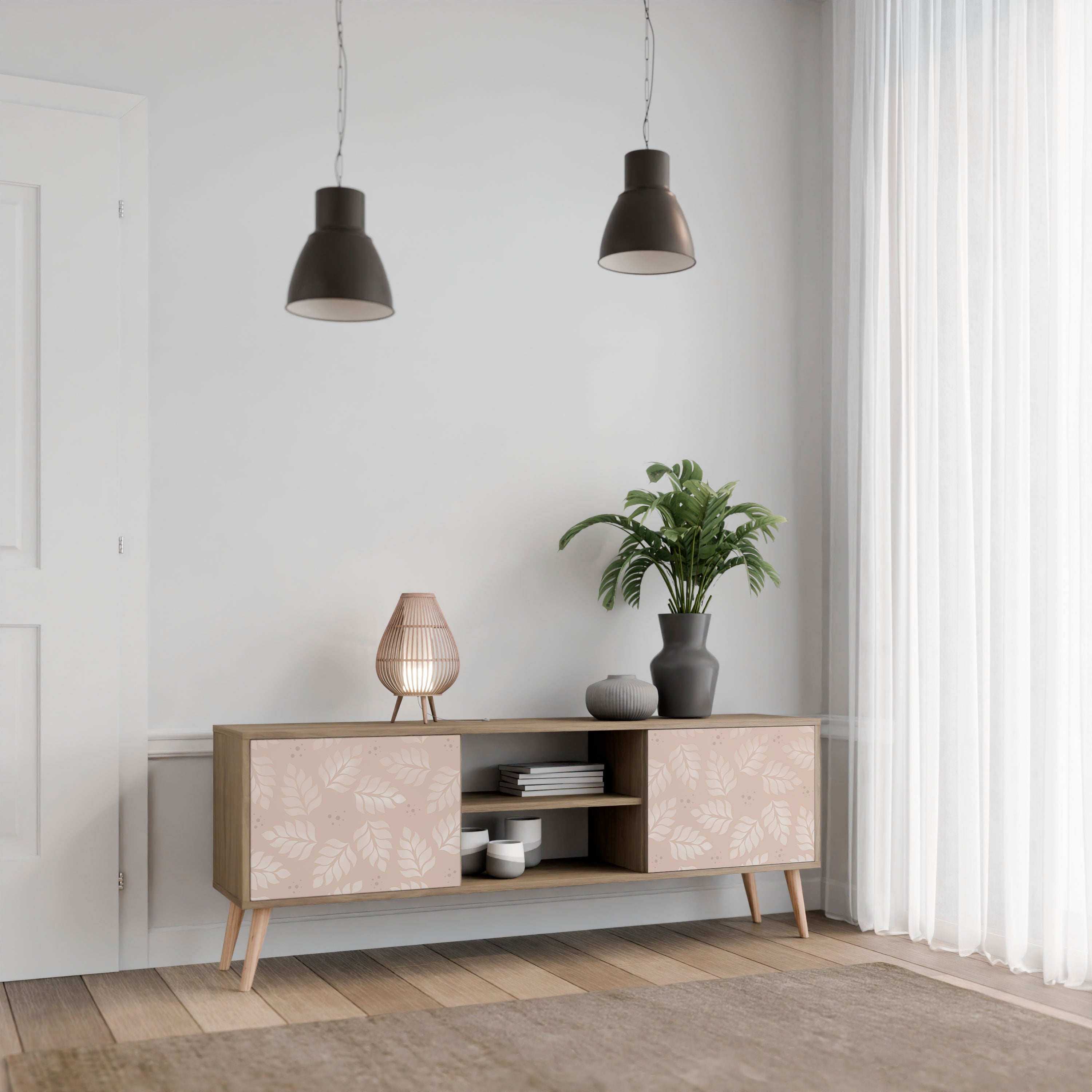 Mueble de TV de 2 puertas LEAVES ON BEIGE con efecto roble