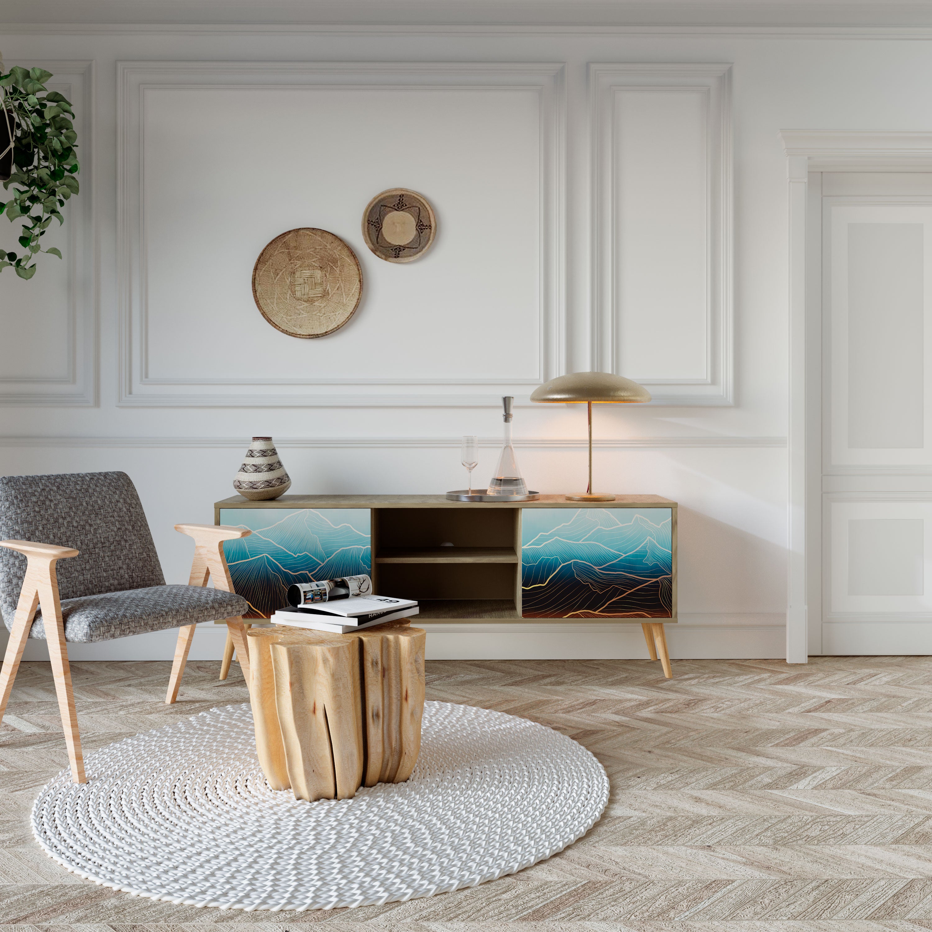 Mueble de TV de 2 puertas LUNAR SECRETS con efecto roble