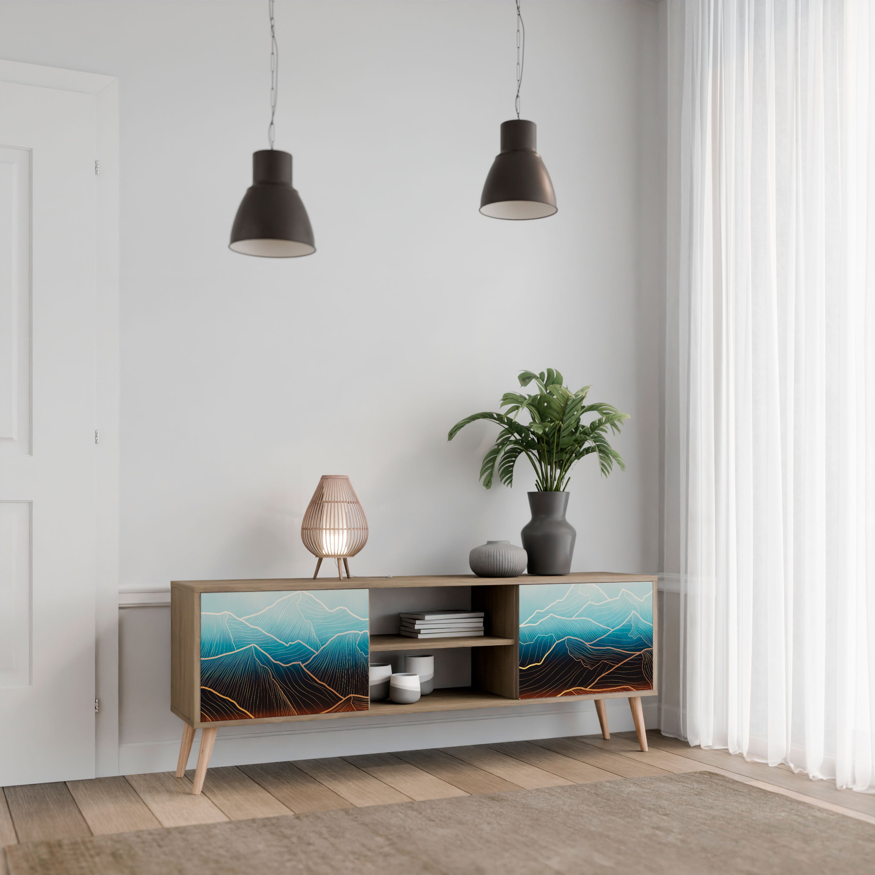 Mueble de TV de 2 puertas LUNAR SECRETS con efecto roble