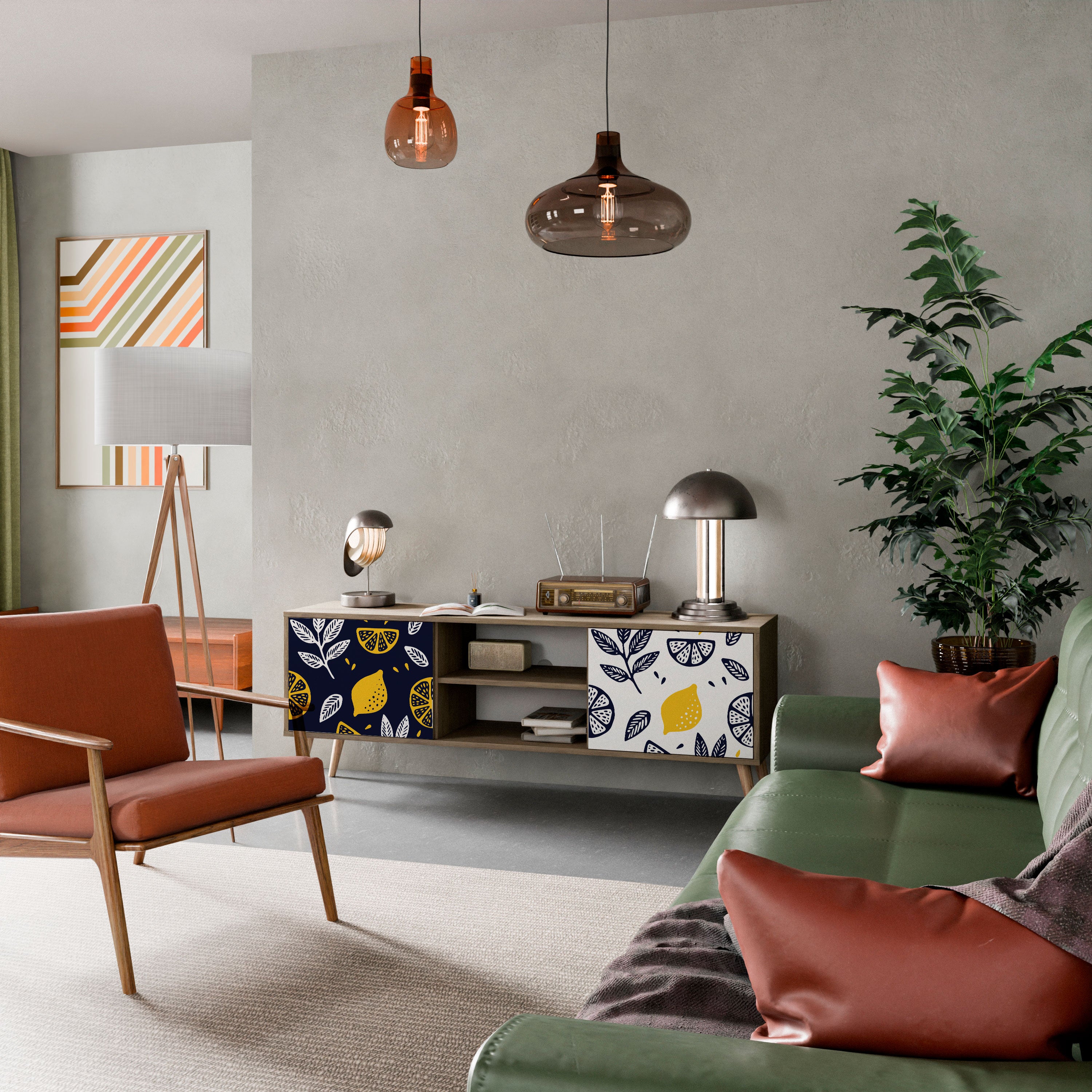 Mueble de TV de 2 puertas en blanco y negro con efecto roble CITRUS