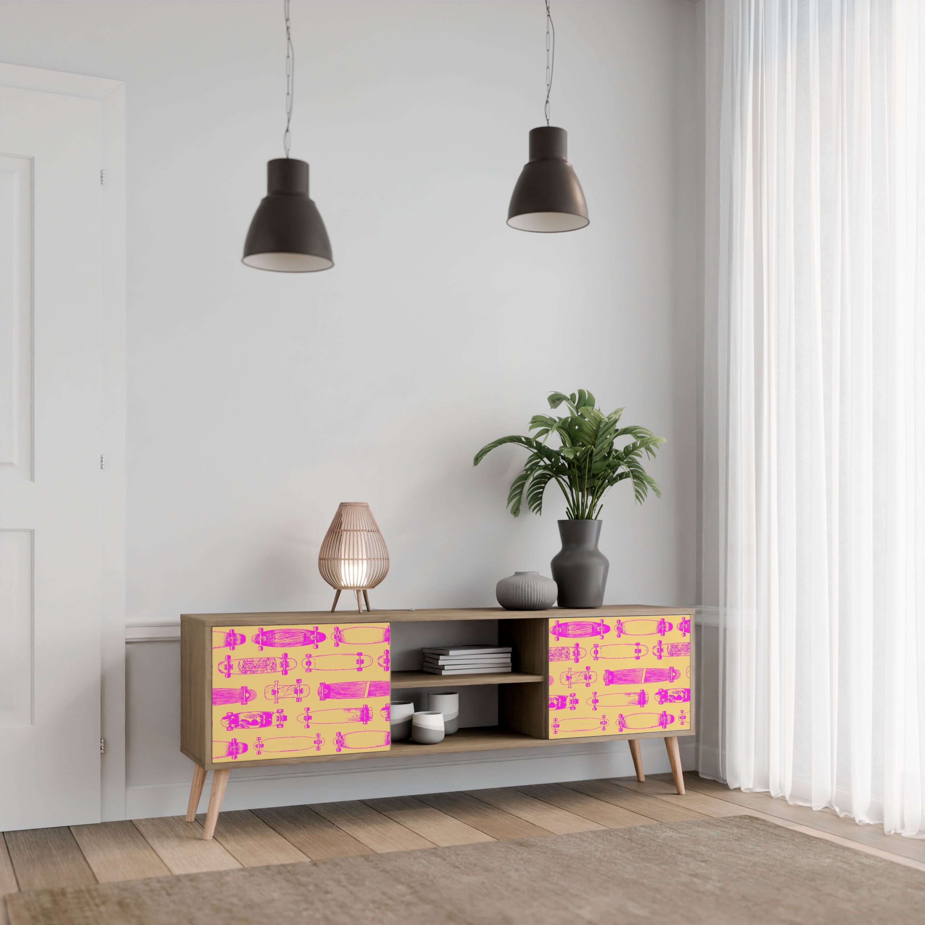 Mueble de TV de 2 puertas SKATEBOARD ARTISTRY con efecto roble