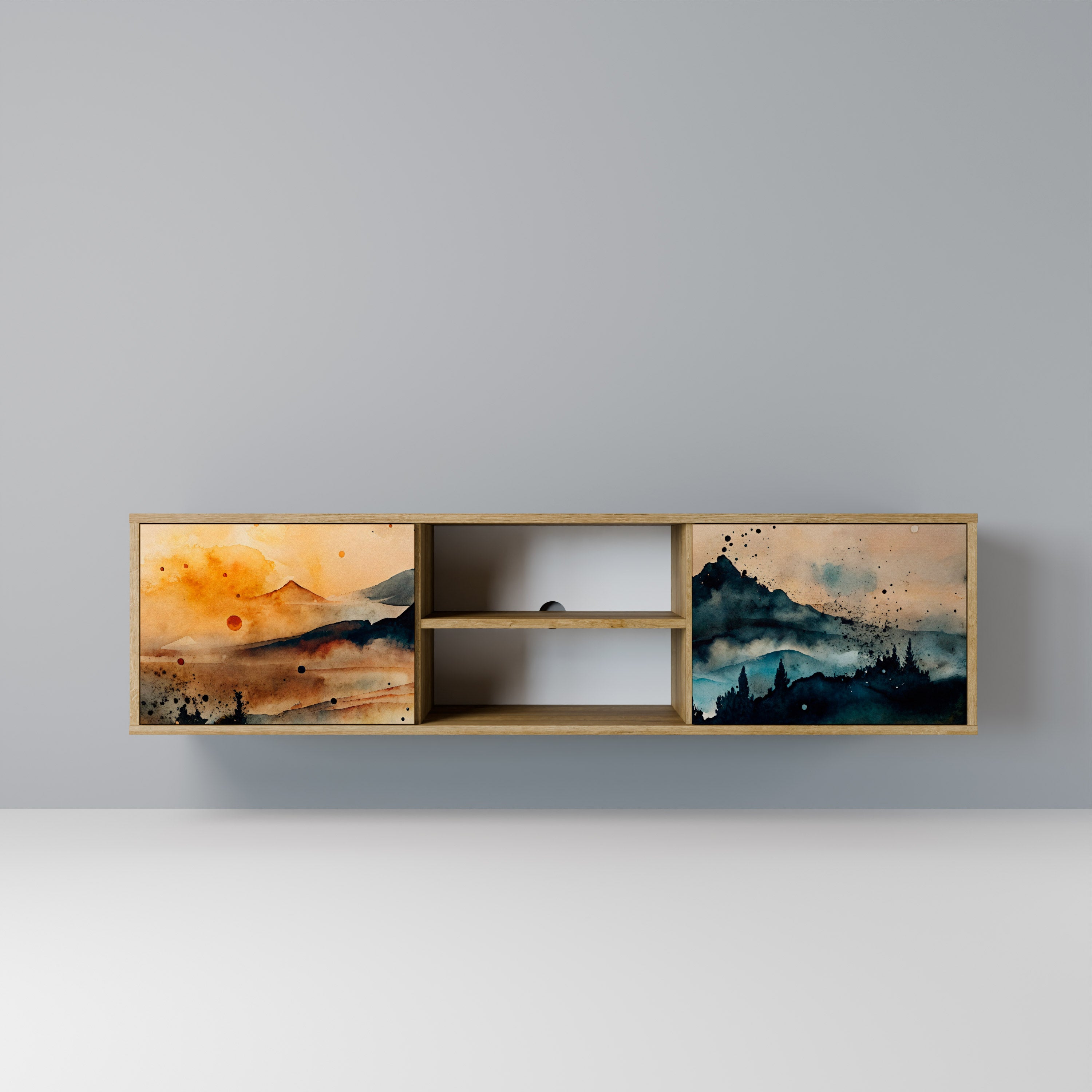 Mueble de TV de 2 puertas OMINOUS MOUNTAINS con efecto roble