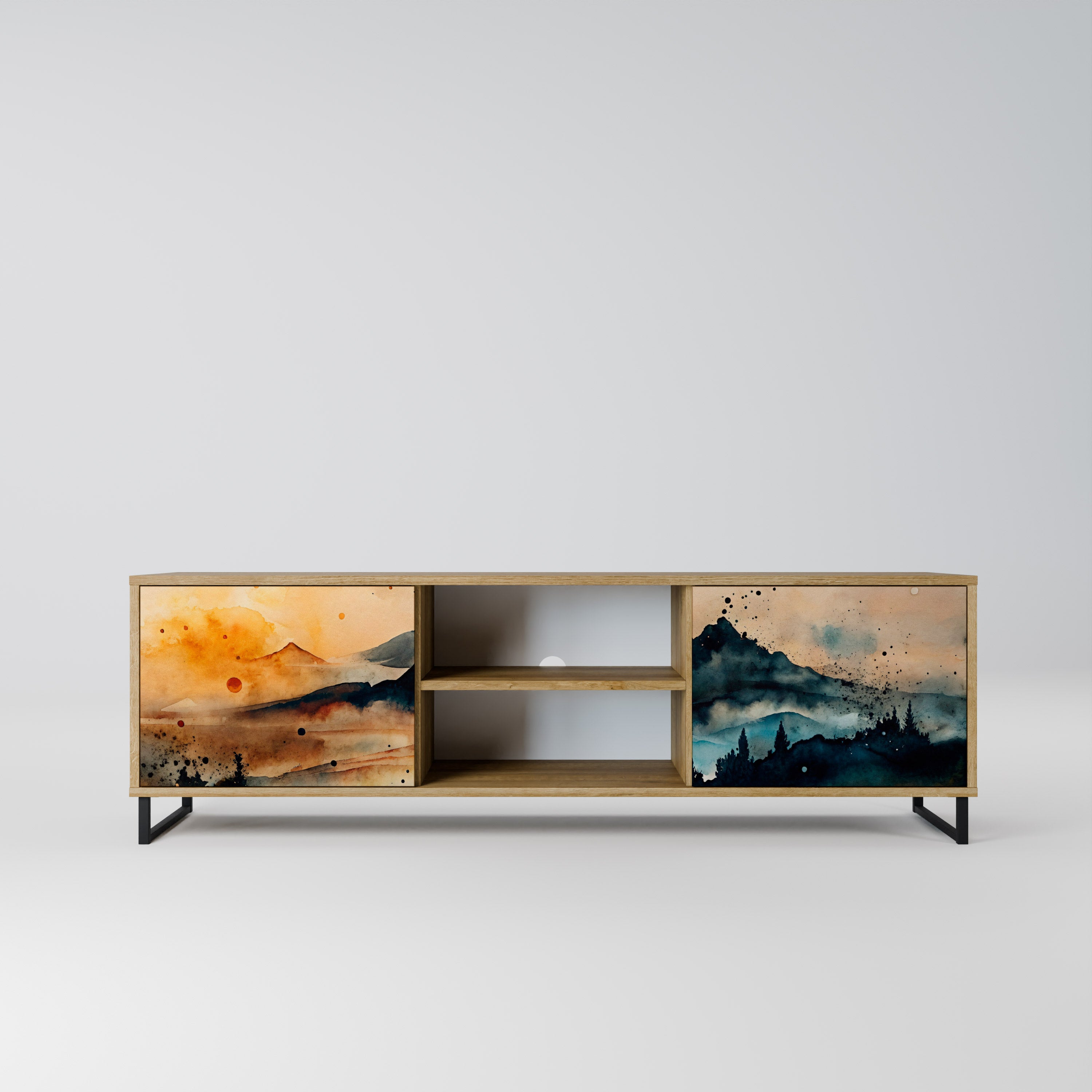 Mueble de TV de 2 puertas OMINOUS MOUNTAINS con efecto roble