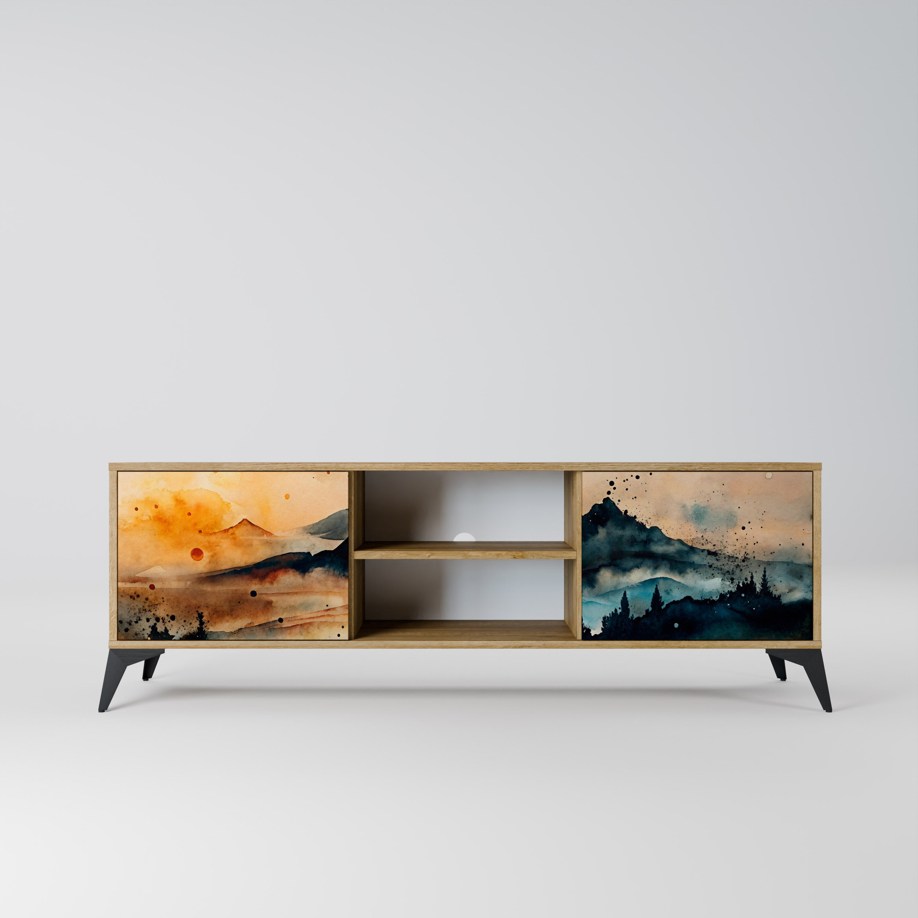 Mueble de TV de 2 puertas OMINOUS MOUNTAINS con efecto roble