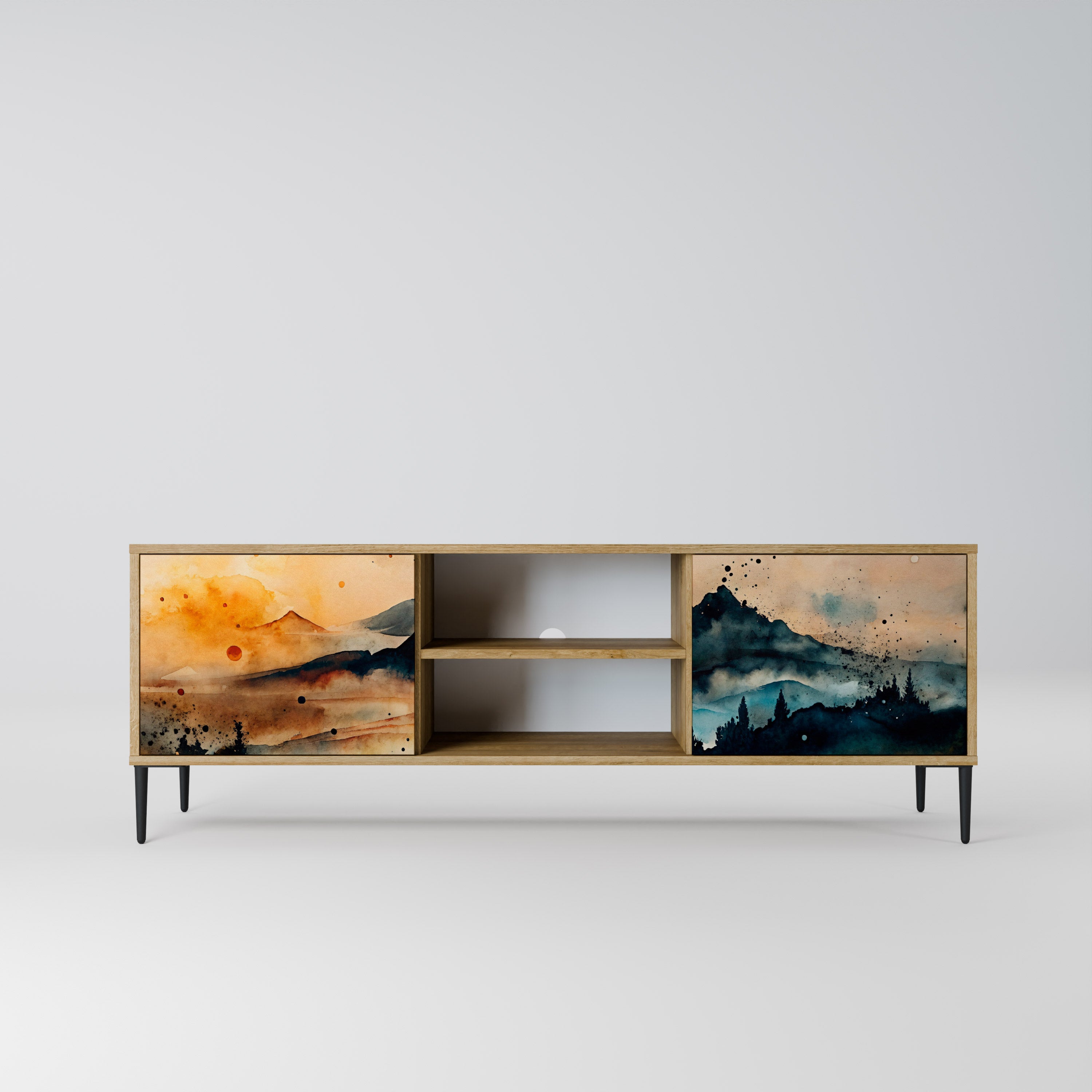 Mueble de TV de 2 puertas OMINOUS MOUNTAINS con efecto roble