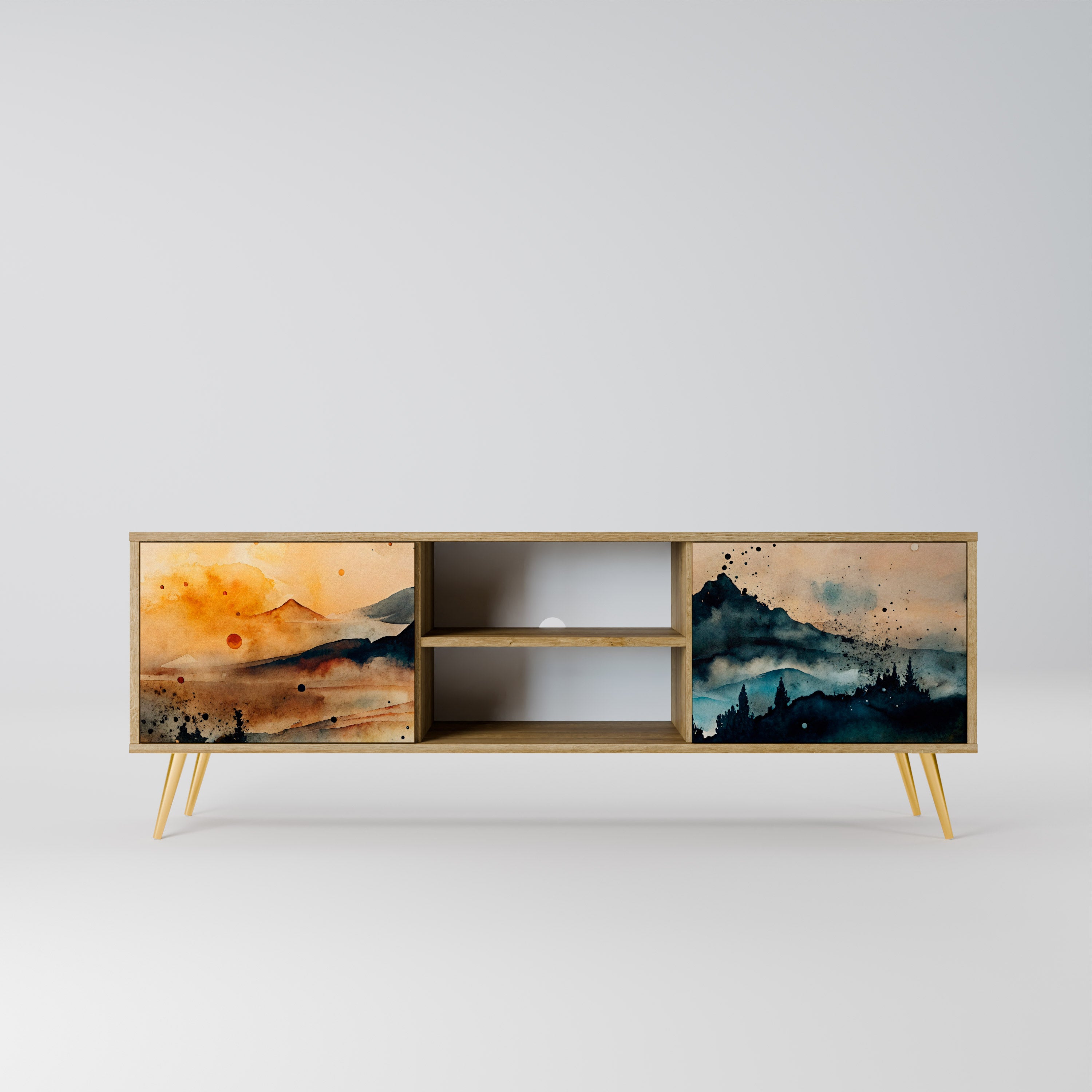 Mueble de TV de 2 puertas OMINOUS MOUNTAINS con efecto roble