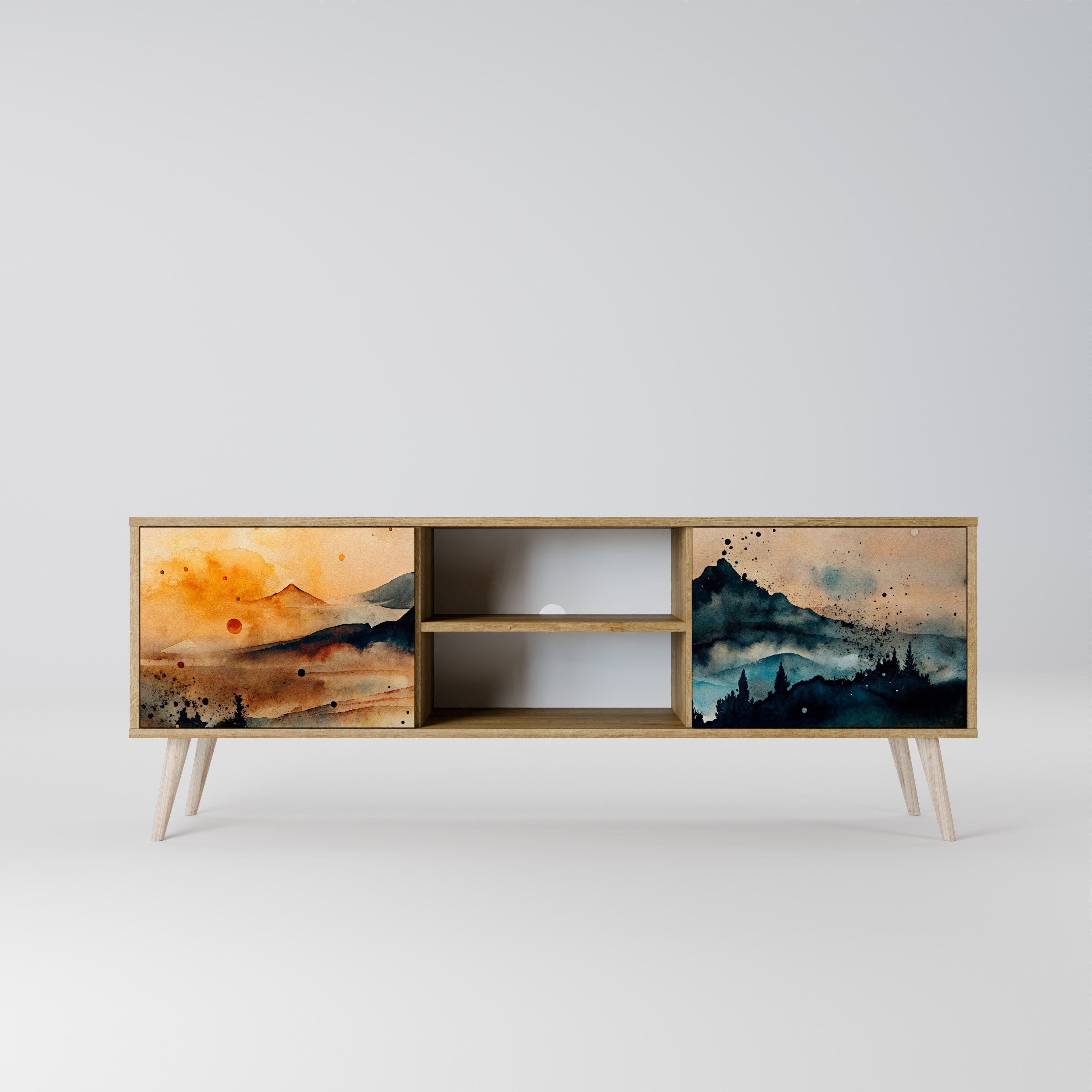 Mueble de TV de 2 puertas OMINOUS MOUNTAINS con efecto roble