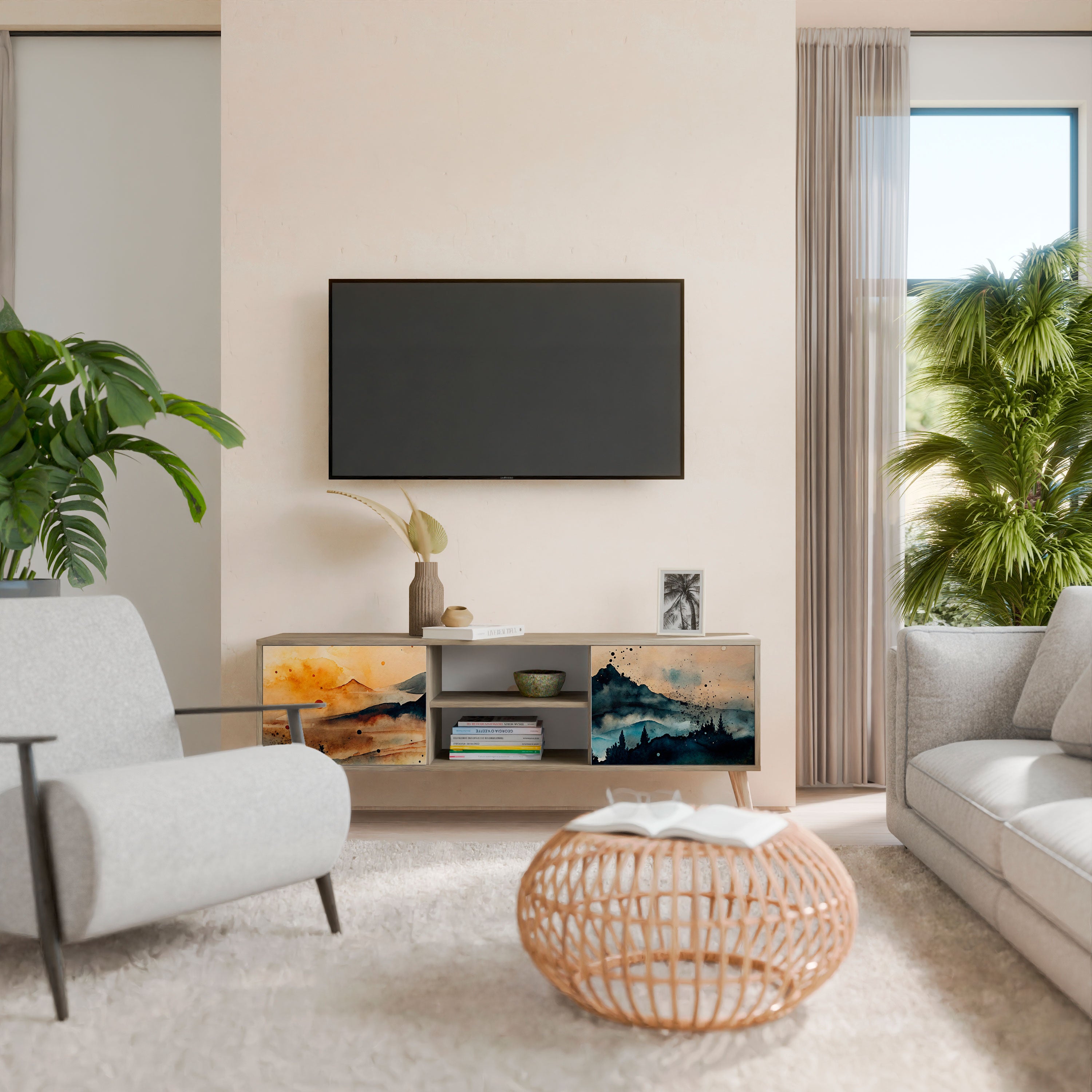 Mueble de TV de 2 puertas OMINOUS MOUNTAINS con efecto roble