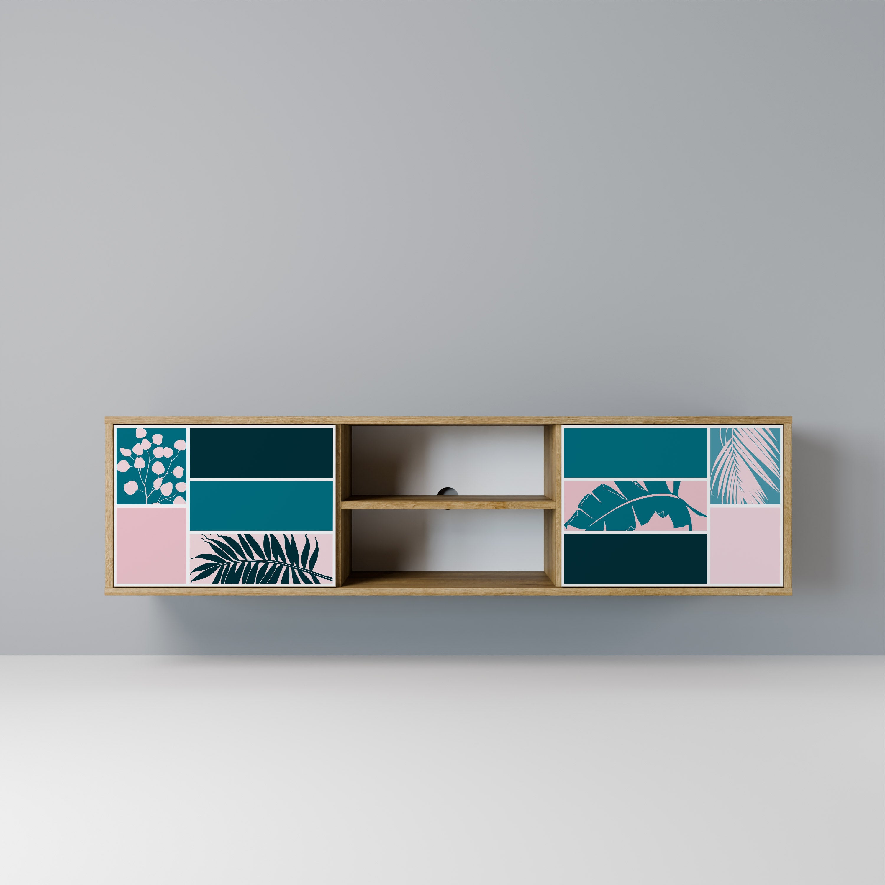 COMBINACIÓN DE FORMAS Mueble de TV de 2 puertas efecto roble