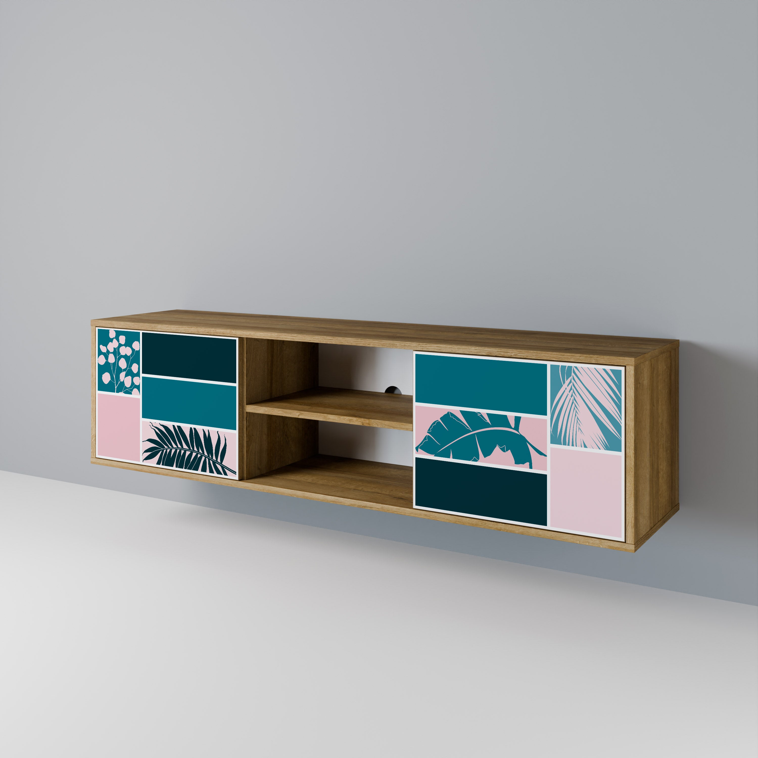 COMBINACIÓN DE FORMAS Mueble de TV de 2 puertas efecto roble