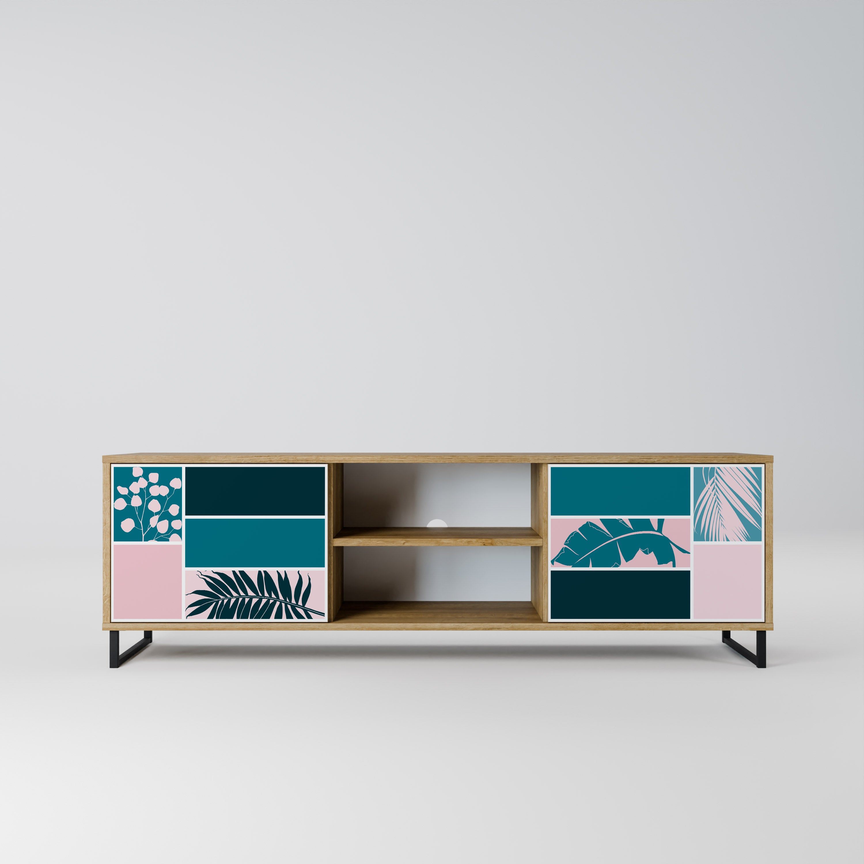 COMBINACIÓN DE FORMAS Mueble de TV de 2 puertas efecto roble