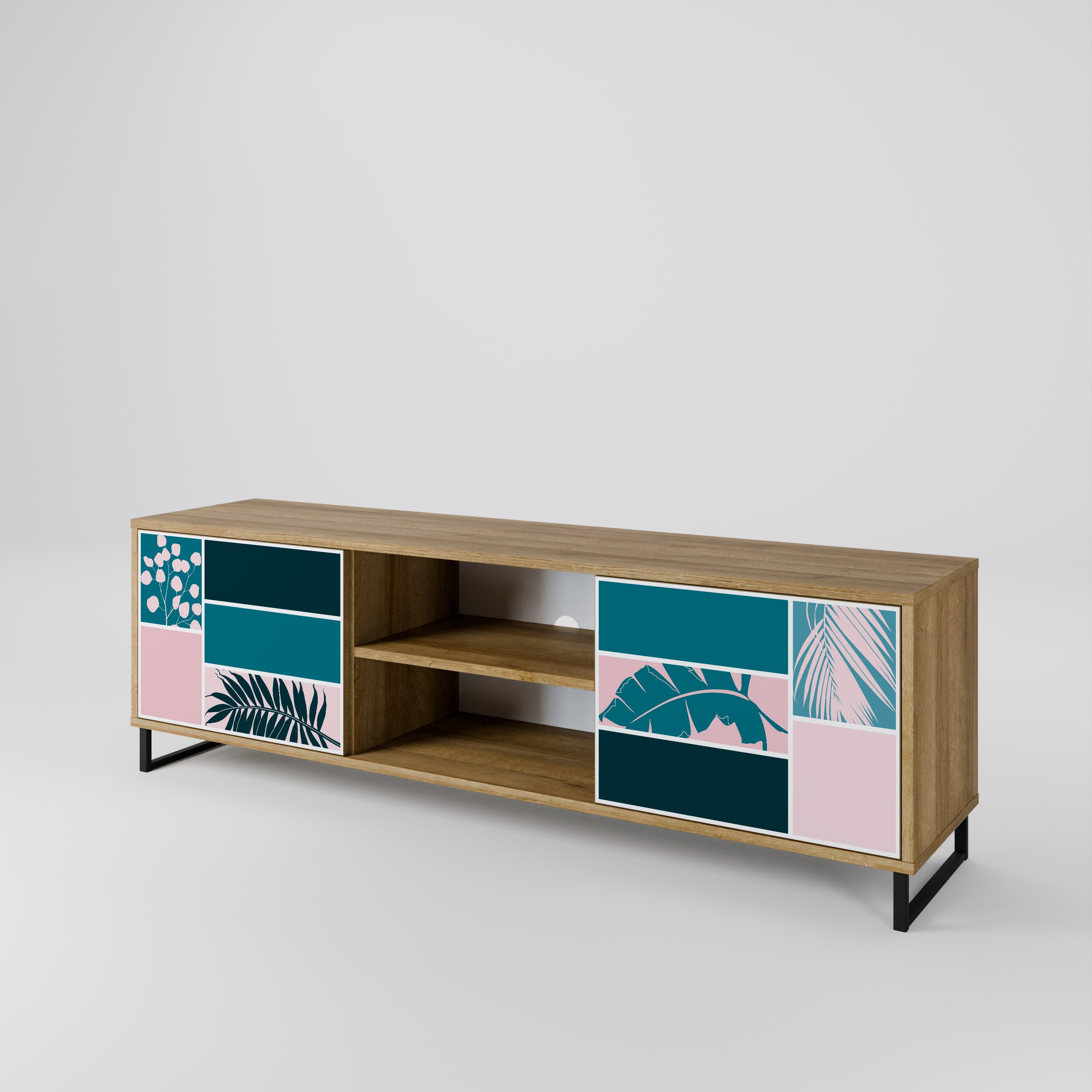 COMBINACIÓN DE FORMAS Mueble de TV de 2 puertas efecto roble