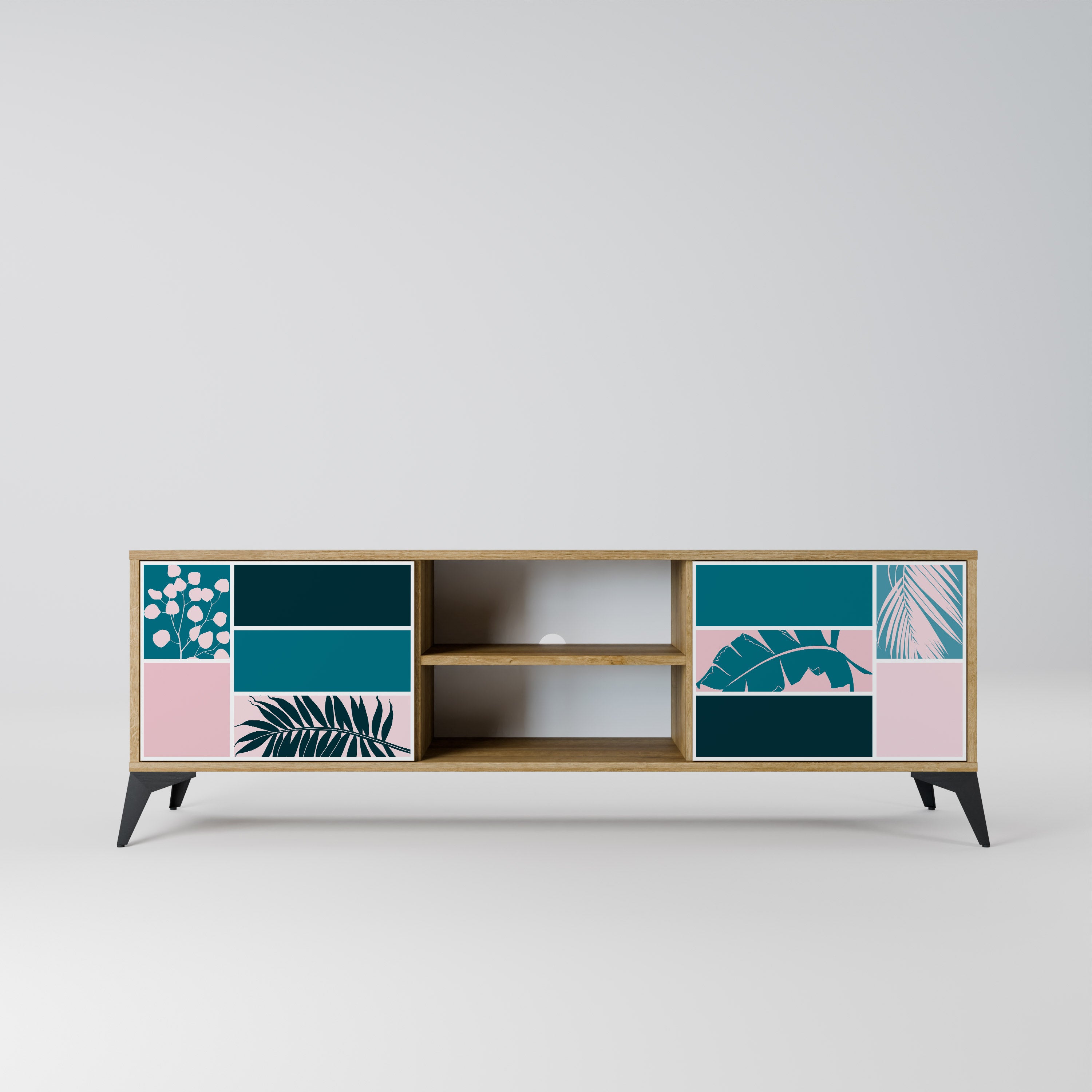 COMBINACIÓN DE FORMAS Mueble de TV de 2 puertas efecto roble
