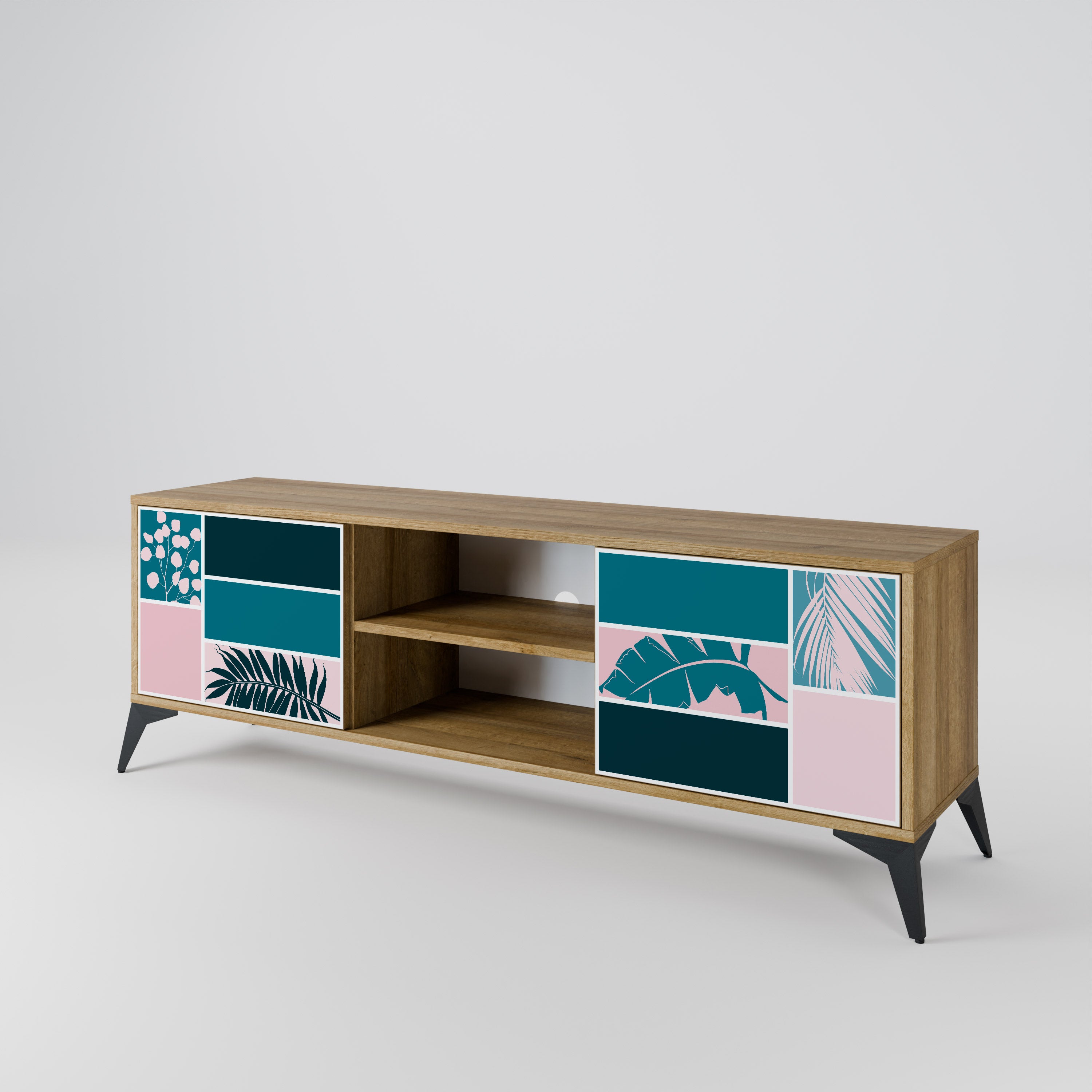 COMBINACIÓN DE FORMAS Mueble de TV de 2 puertas efecto roble