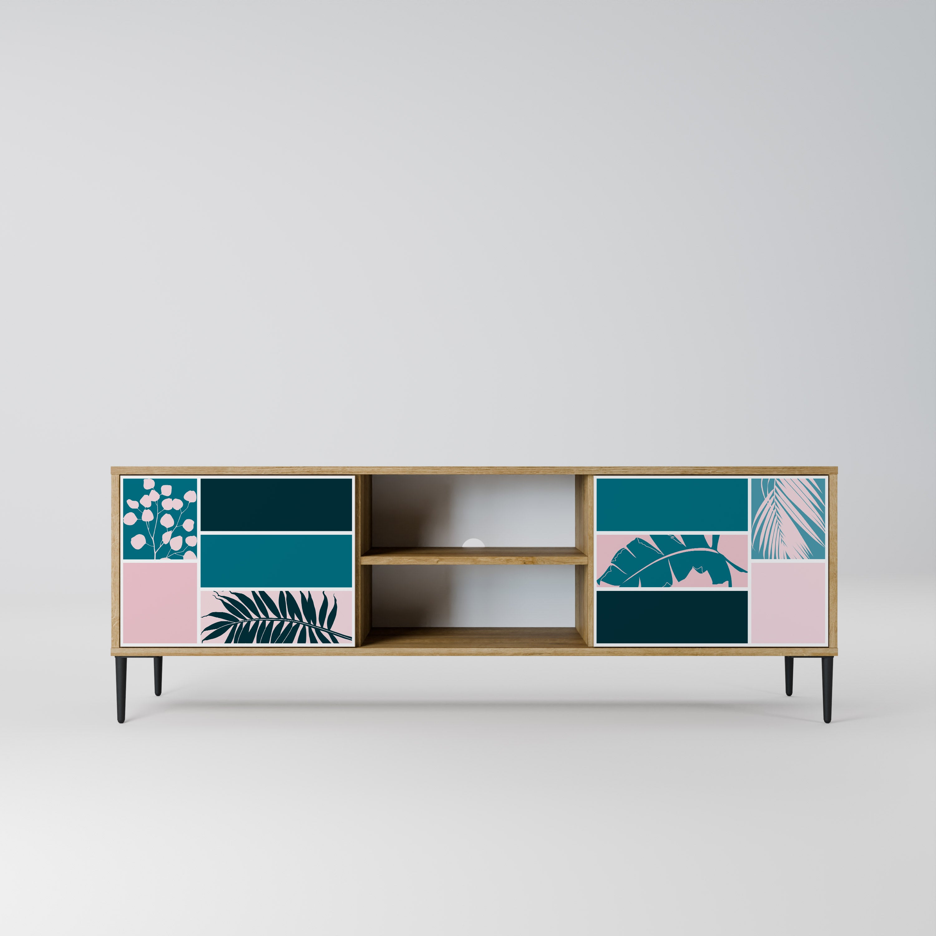 COMBINACIÓN DE FORMAS Mueble de TV de 2 puertas efecto roble