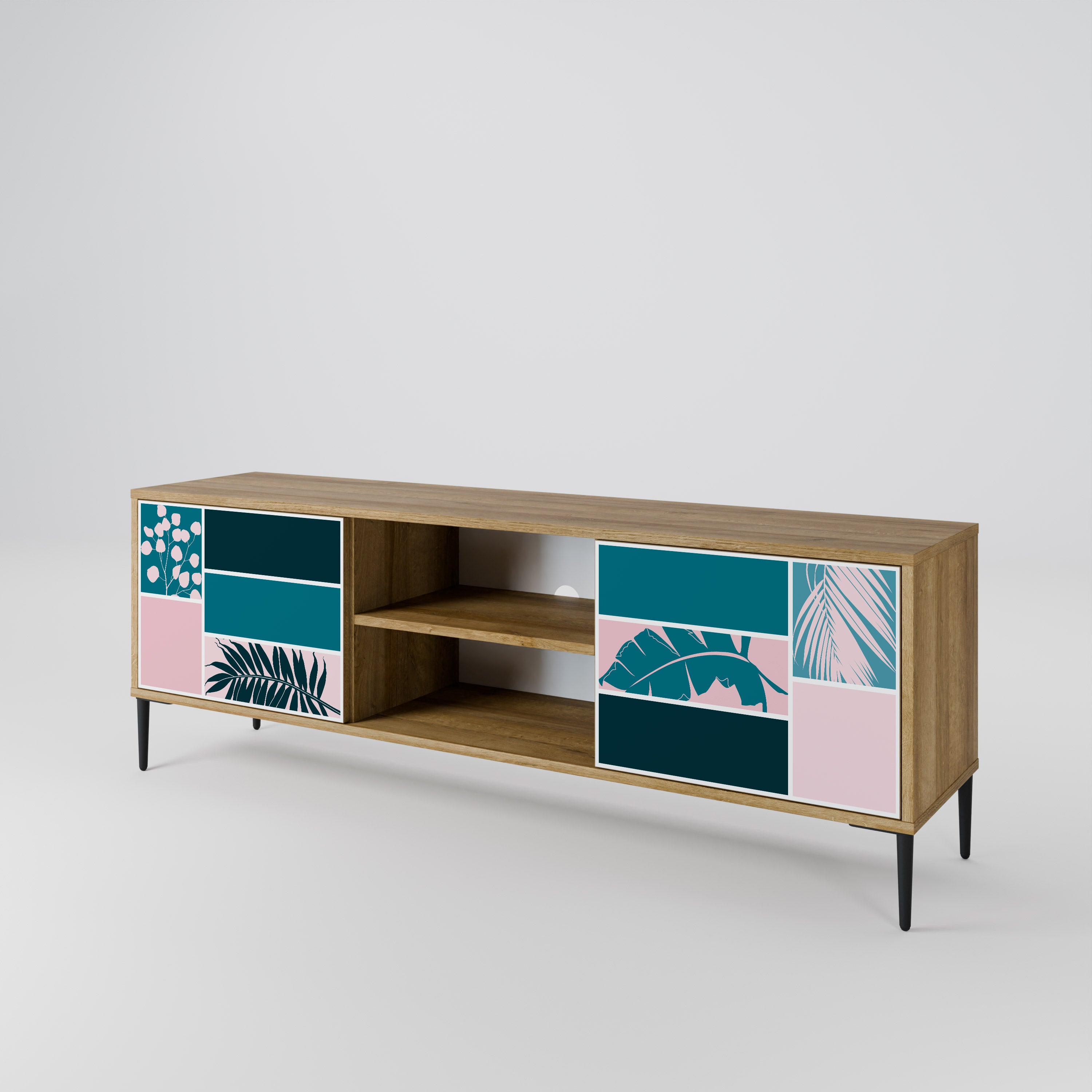 COMBINACIÓN DE FORMAS Mueble de TV de 2 puertas efecto roble