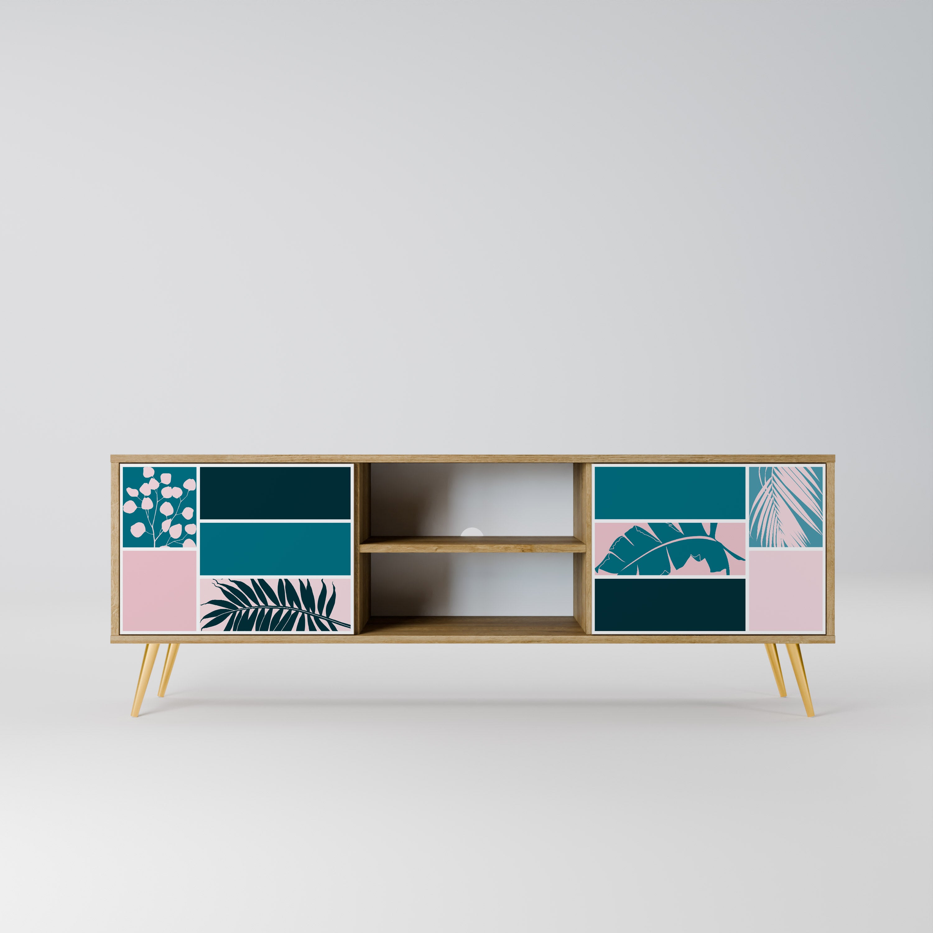 COMBINACIÓN DE FORMAS Mueble de TV de 2 puertas efecto roble