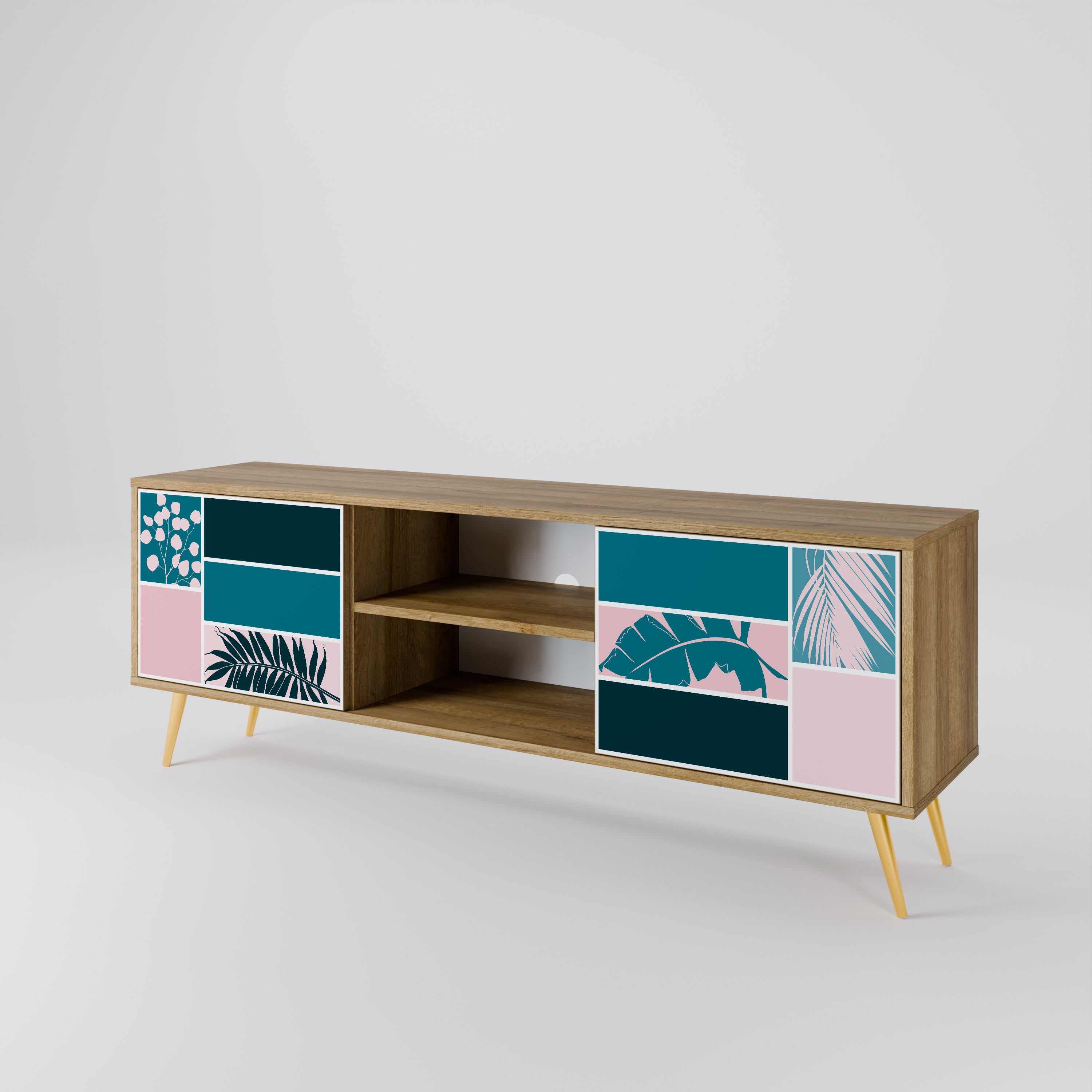COMBINACIÓN DE FORMAS Mueble de TV de 2 puertas efecto roble