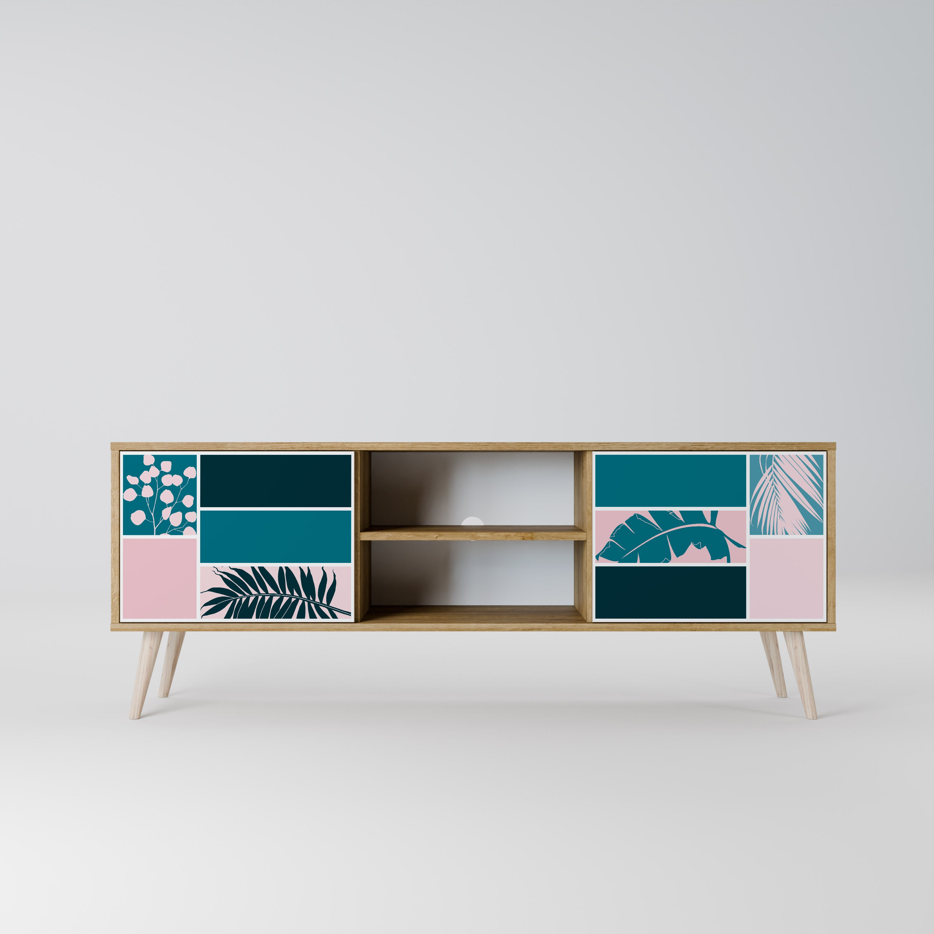 COMBINACIÓN DE FORMAS Mueble de TV de 2 puertas efecto roble