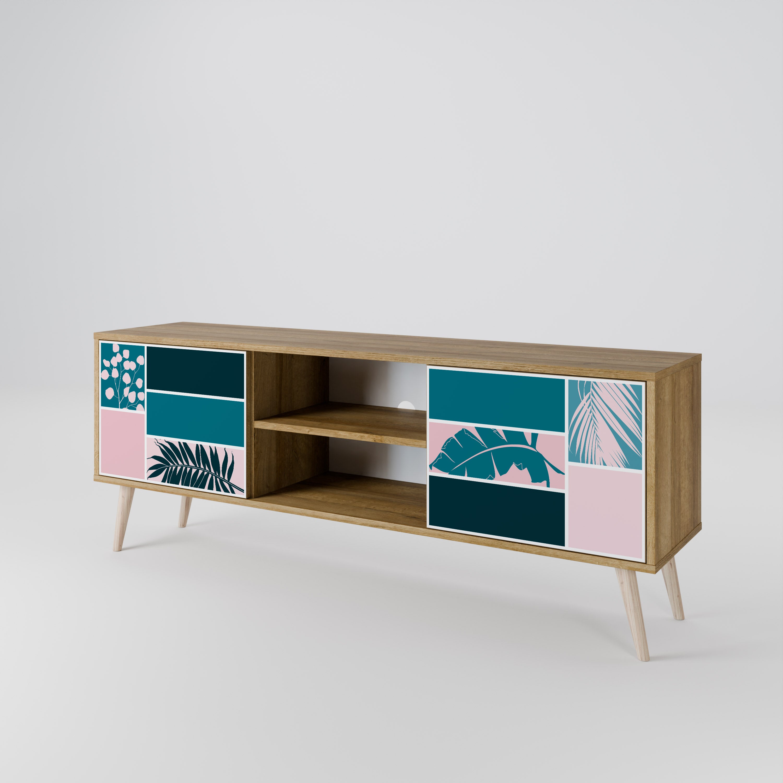COMBINACIÓN DE FORMAS Mueble de TV de 2 puertas efecto roble