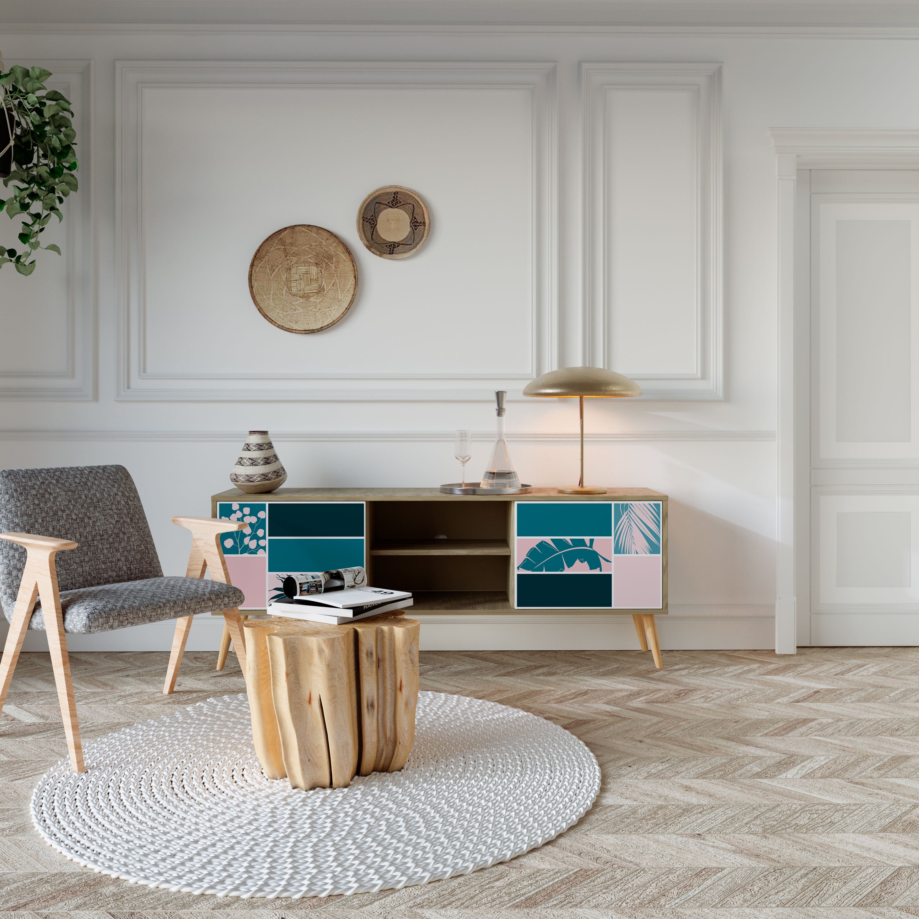 COMBINACIÓN DE FORMAS Mueble de TV de 2 puertas efecto roble