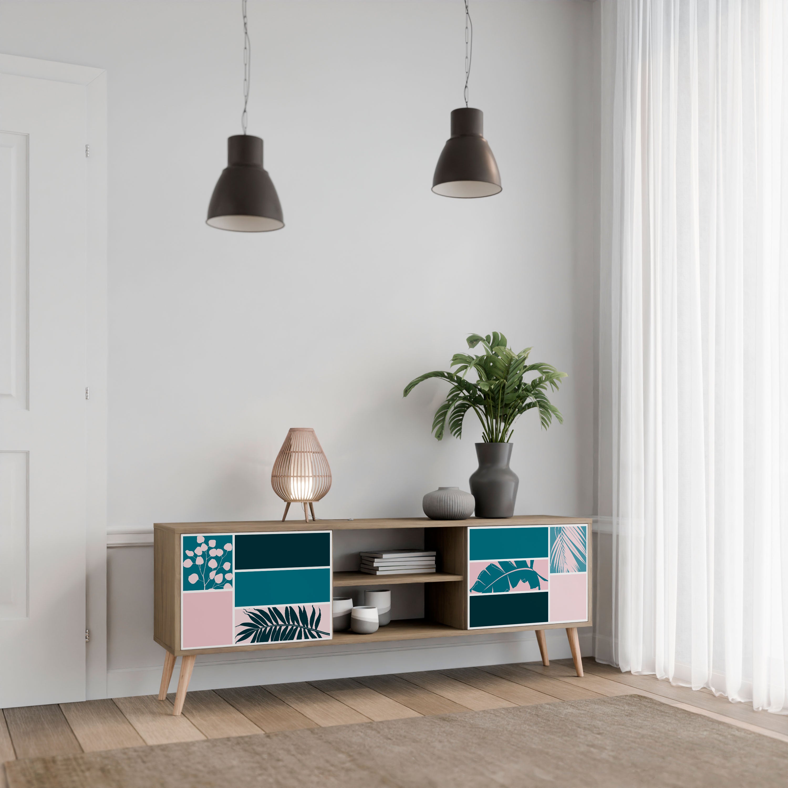 COMBINACIÓN DE FORMAS Mueble de TV de 2 puertas efecto roble