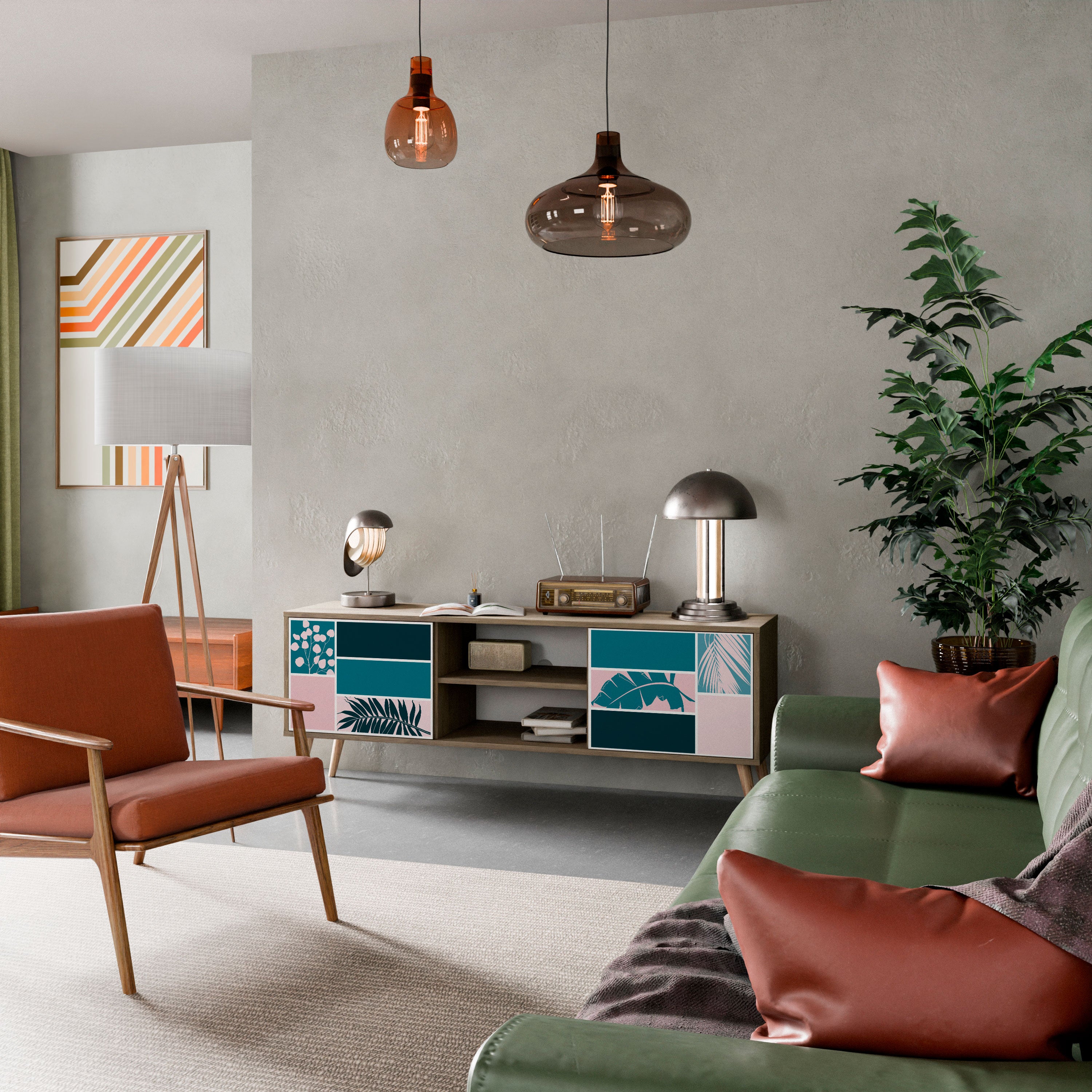 COMBINACIÓN DE FORMAS Mueble de TV de 2 puertas efecto roble