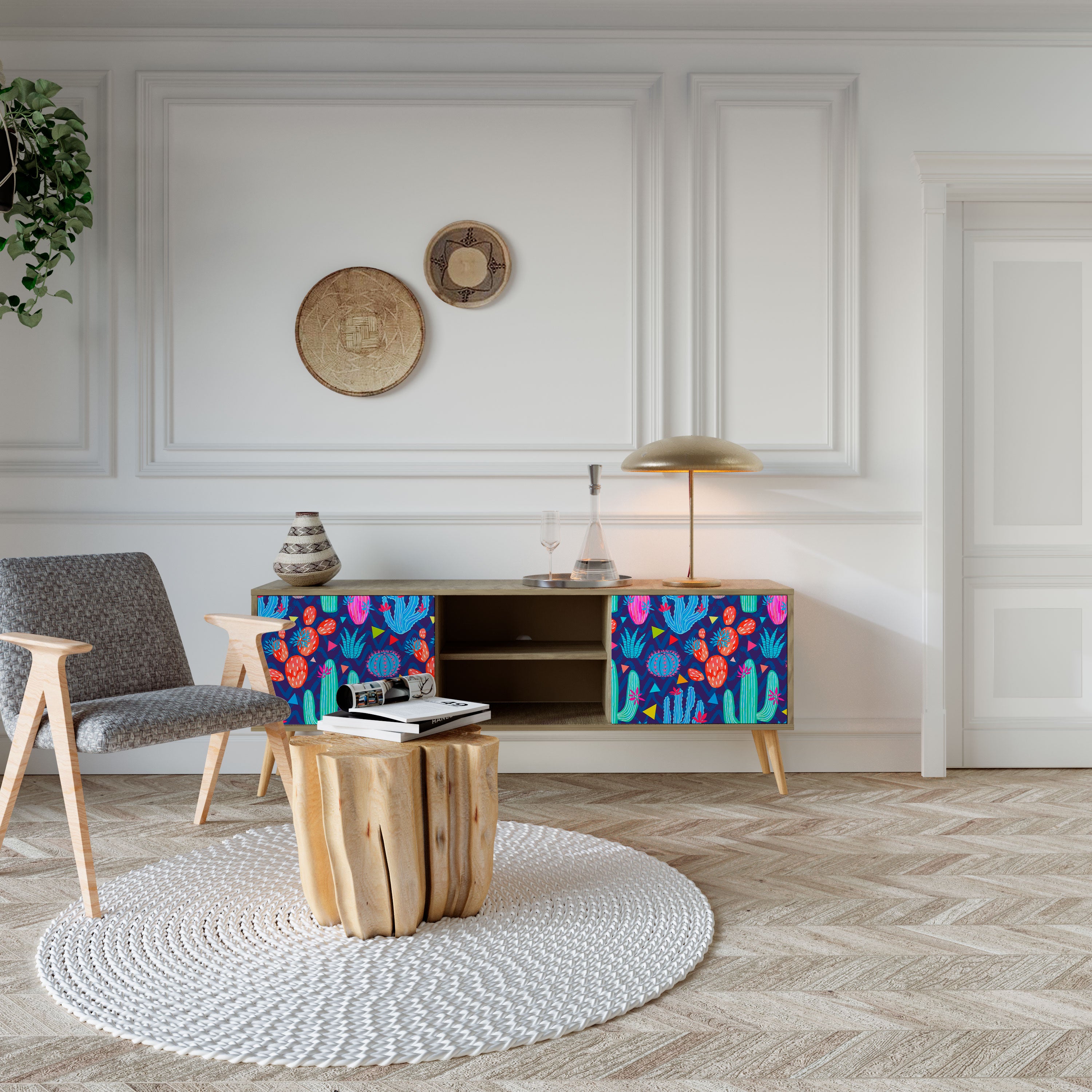 Mueble de TV de 2 puertas CACTUS VIBES con efecto roble