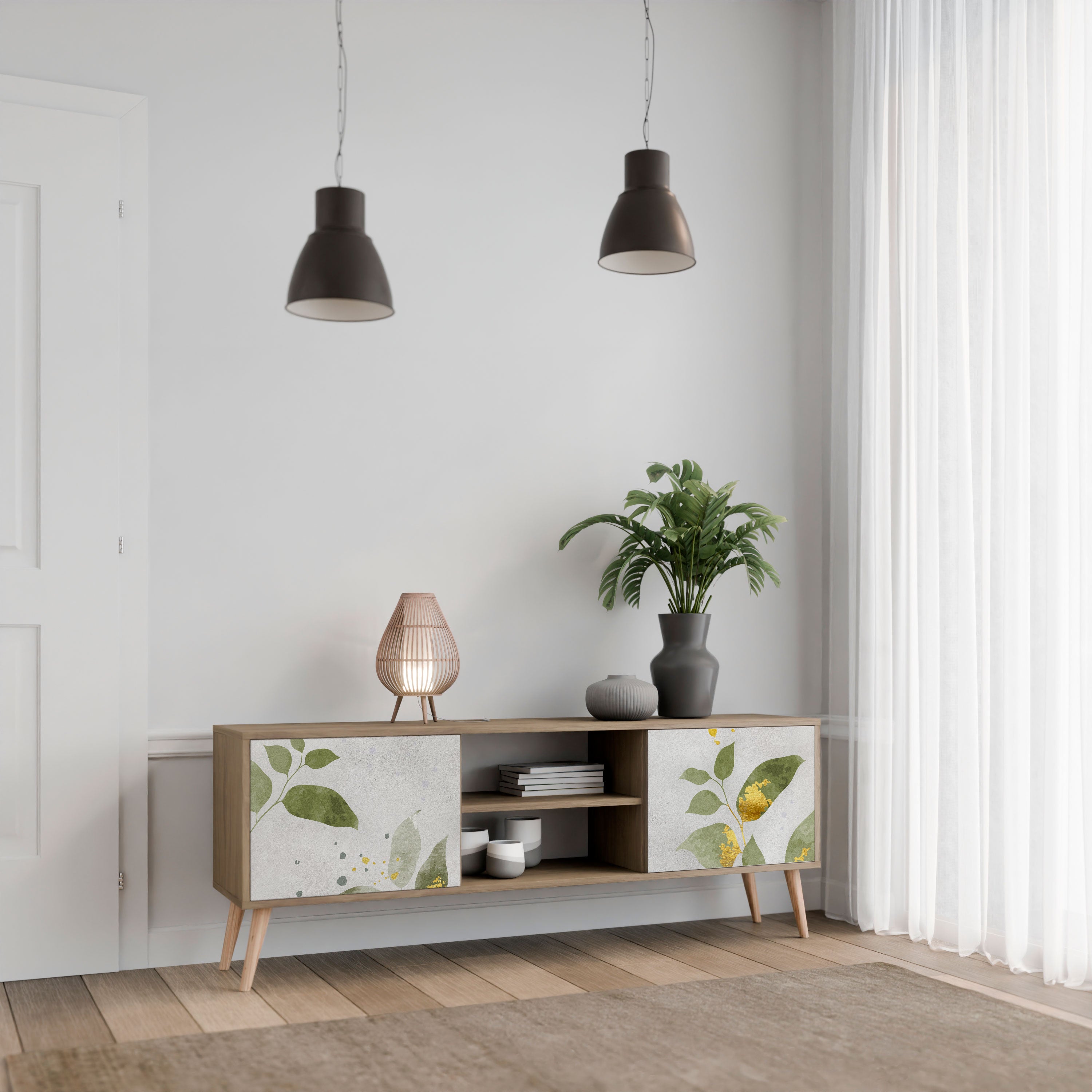 ELEGANT BOTANICS Mueble de TV de 2 puertas con efecto roble