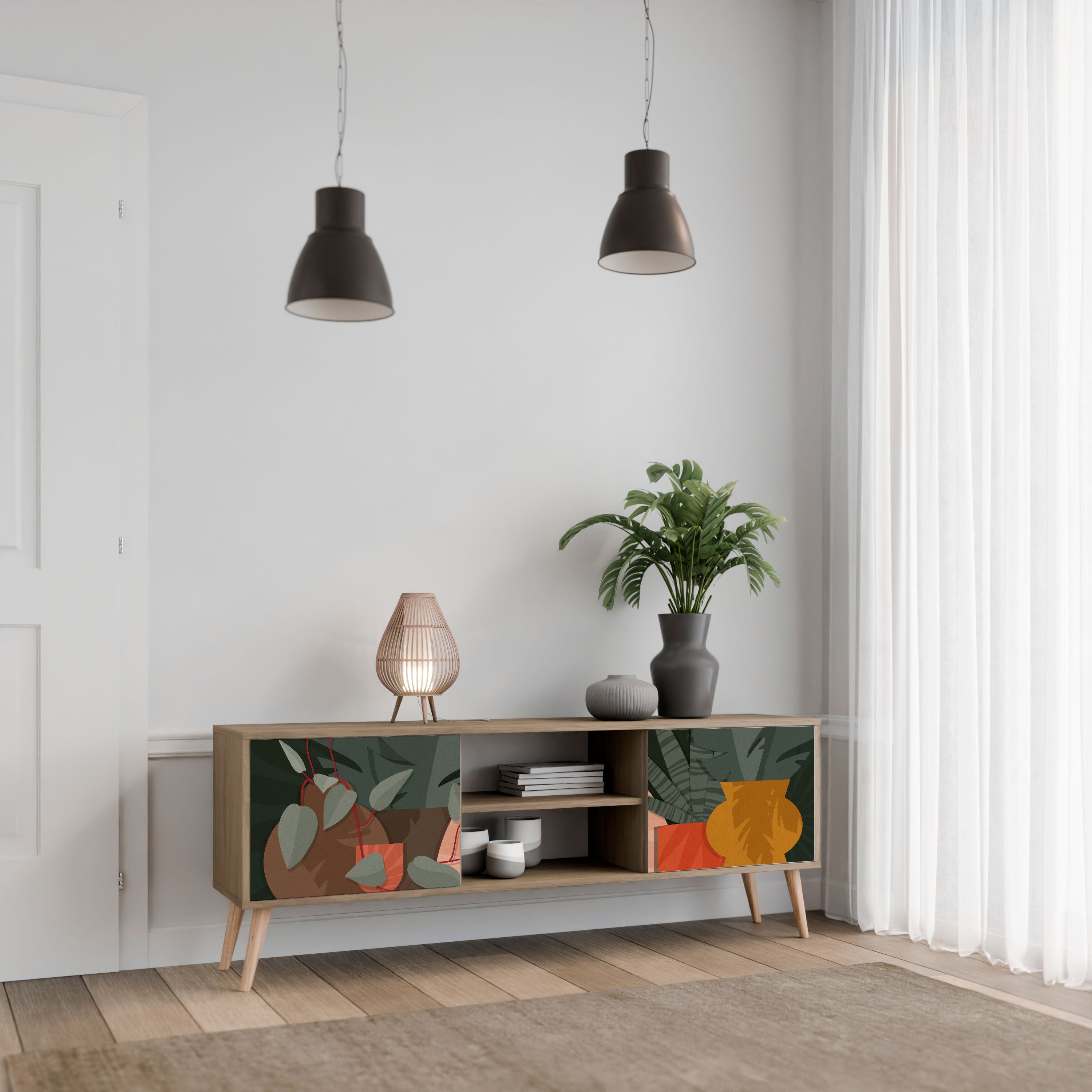 COMPOSICIÓN TROPICAL Mueble de TV de 2 puertas efecto roble