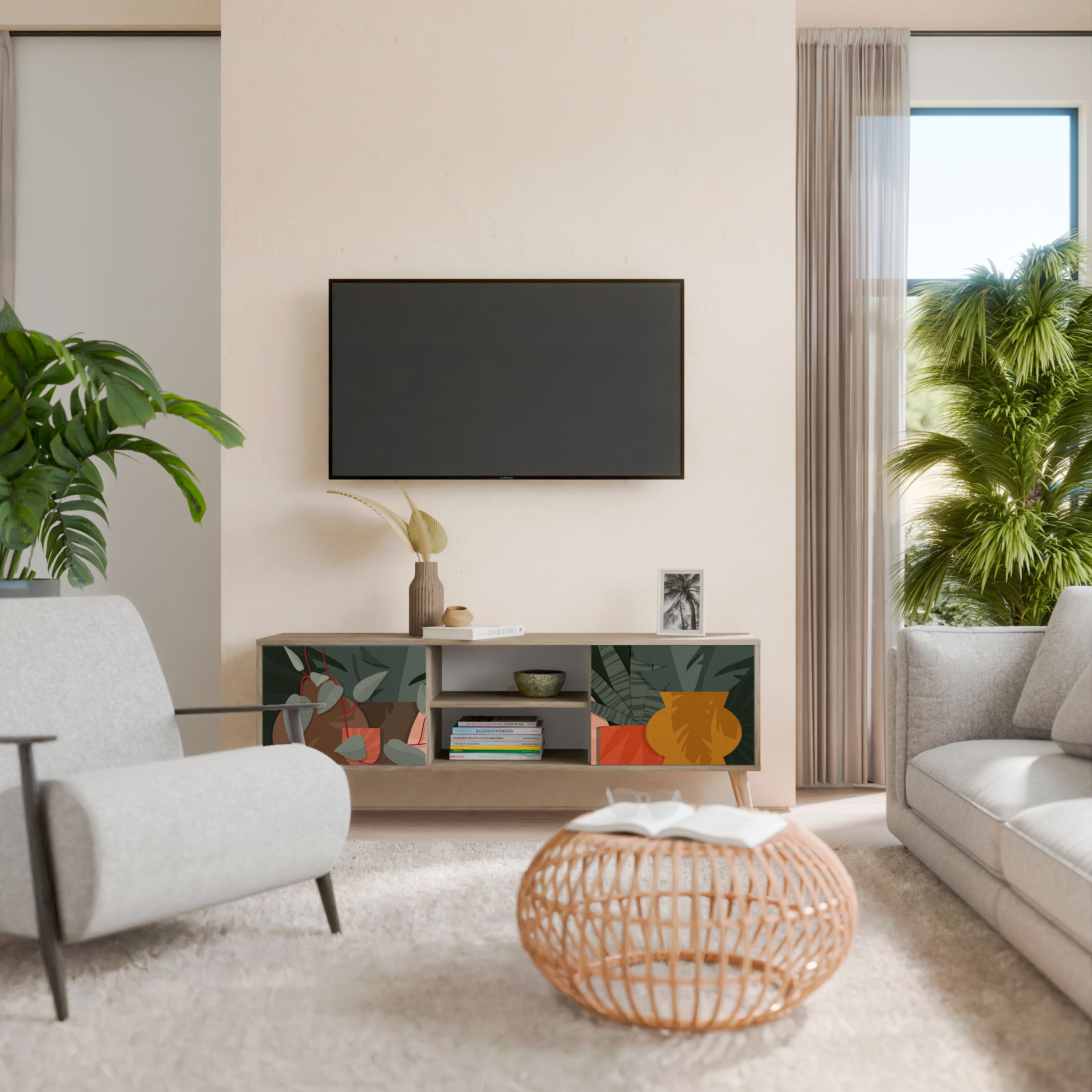 COMPOSICIÓN TROPICAL Mueble de TV de 2 puertas efecto roble